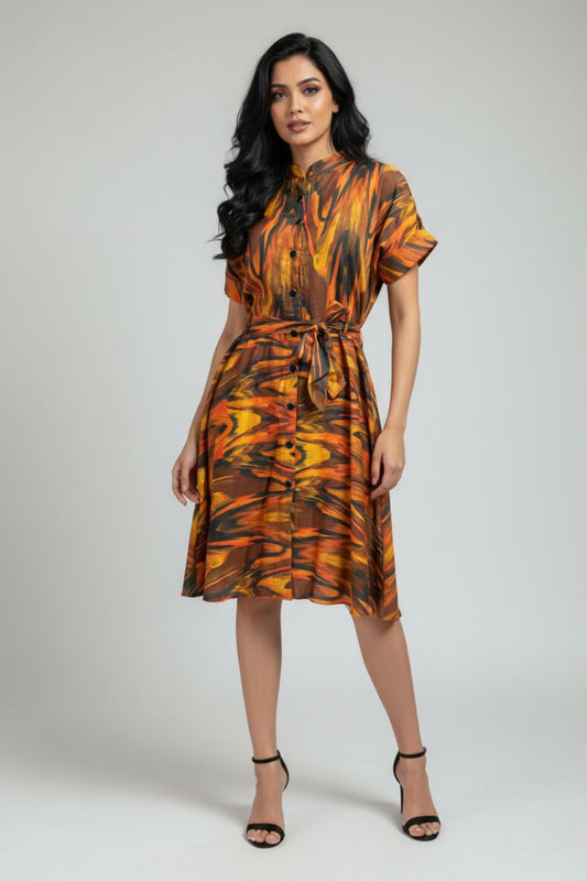 Mandarin Collar Button Down Dress – Multicolor | Modal