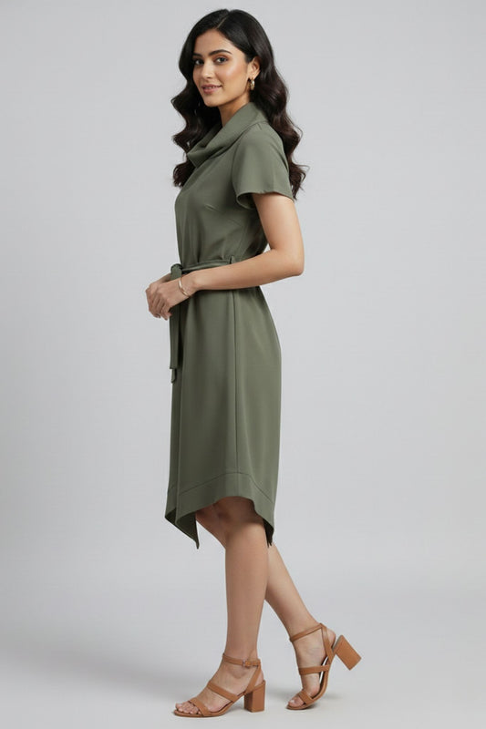 Cowl Neck Asymmetric Hem - Green | Polyester