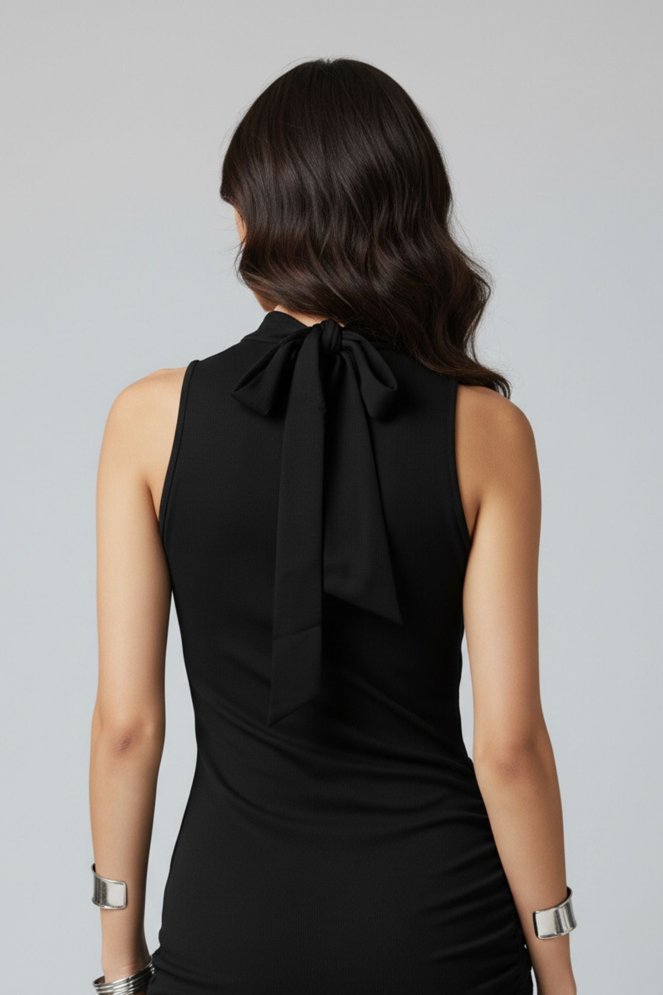 Modal Black Tie-Up Midi Dress