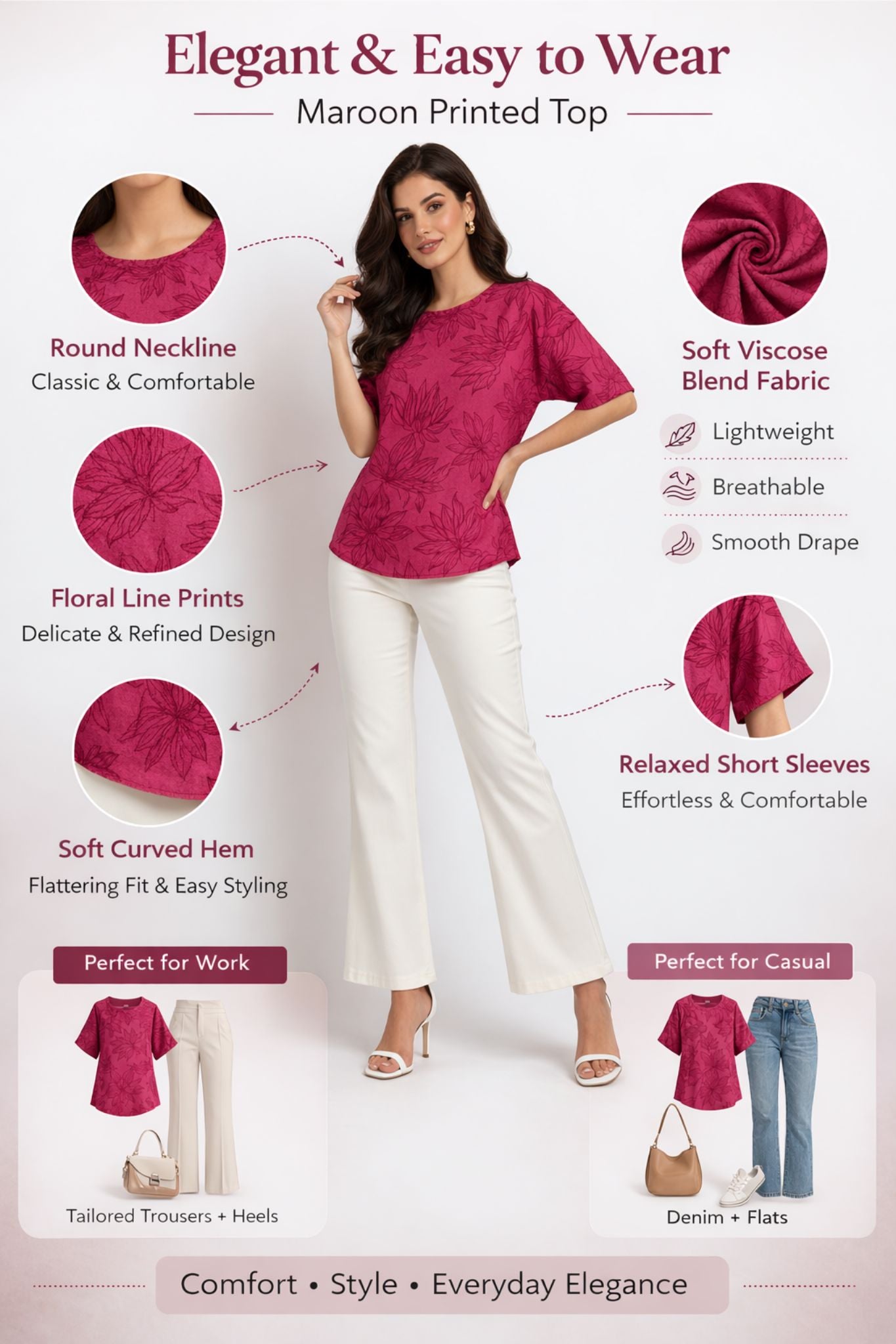 Floral Printed Round Neck Top – Maroon | Viscose Blend