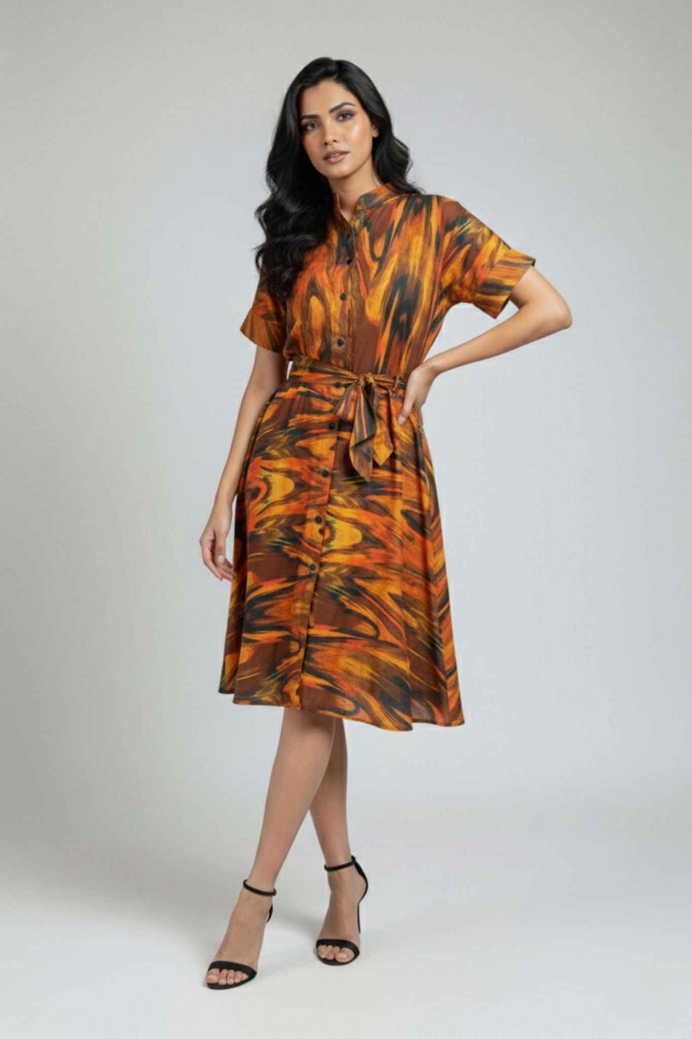 Mandarin Collar Button Down Dress – Multicolor | Modal