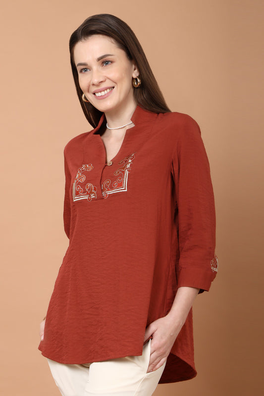 Rust Embroidered Rayon Tunic