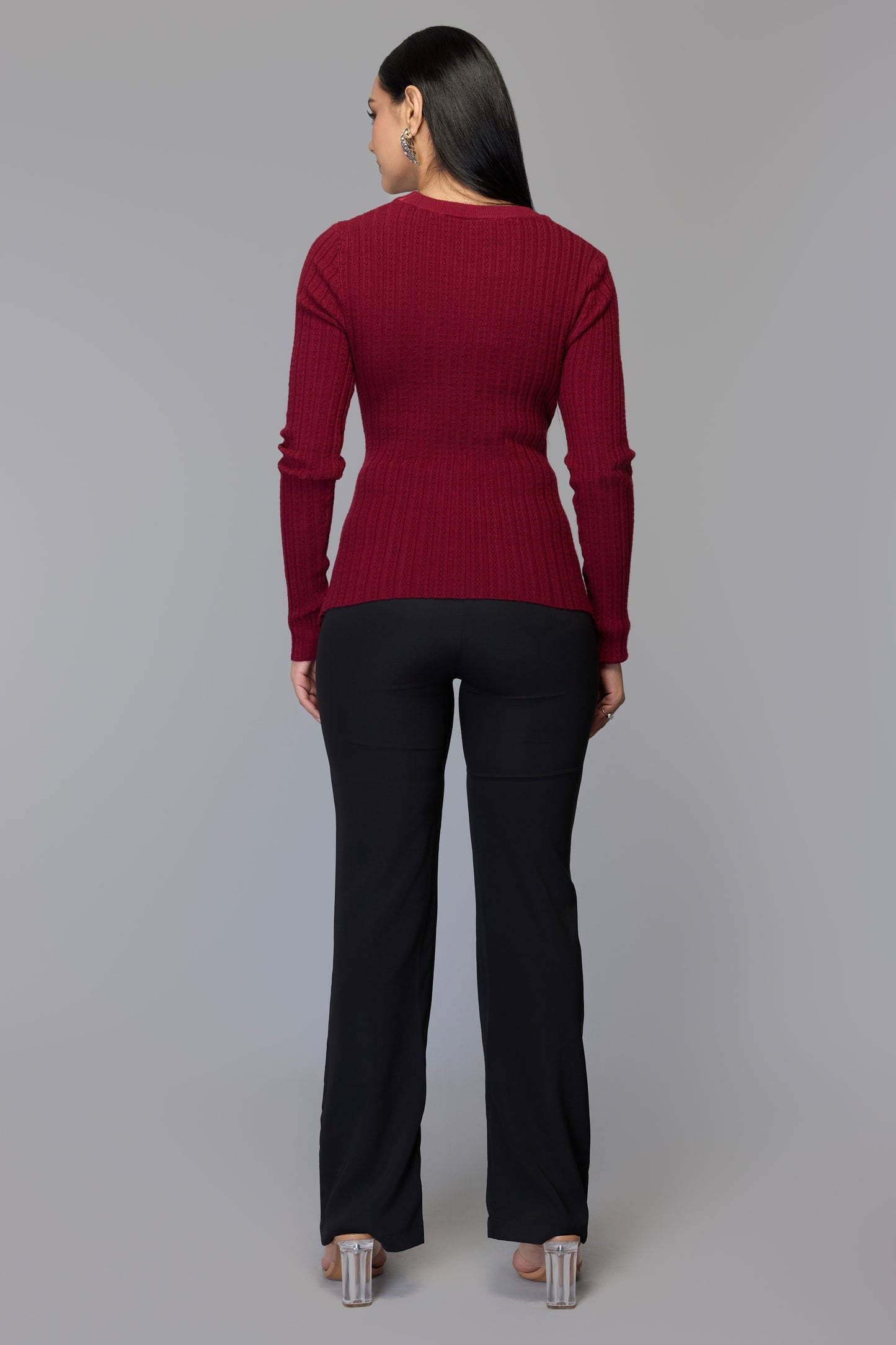 Ribbed Wrap Knit Sweater - Maroon
