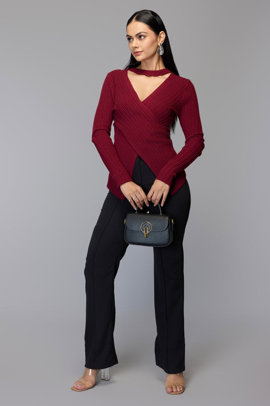 Ribbed Wrap Knit Sweater - Maroon