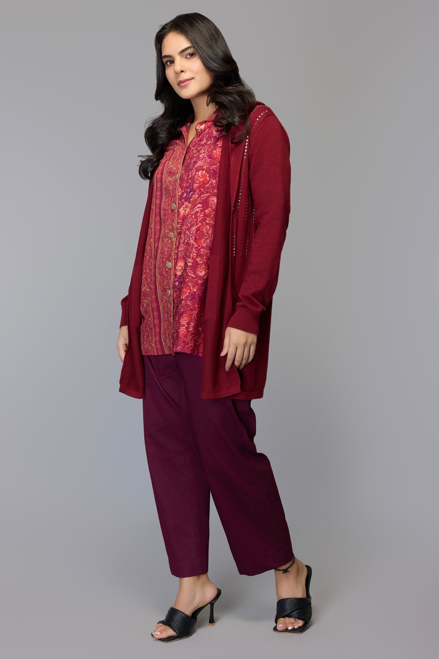 Hooded Embellished Longline Cardigan - Maroon