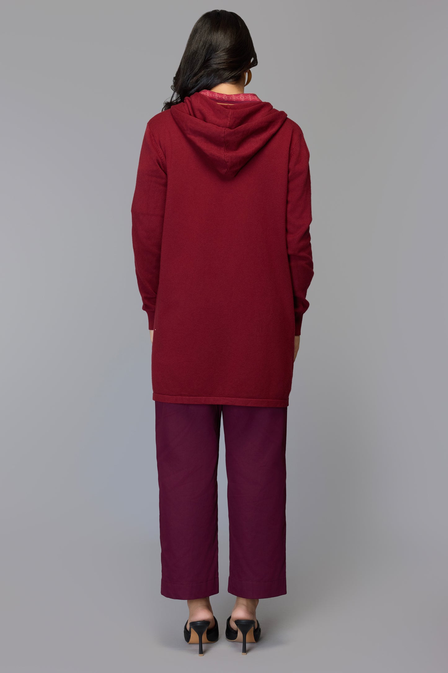 Hooded Embellished Longline Cardigan - Maroon