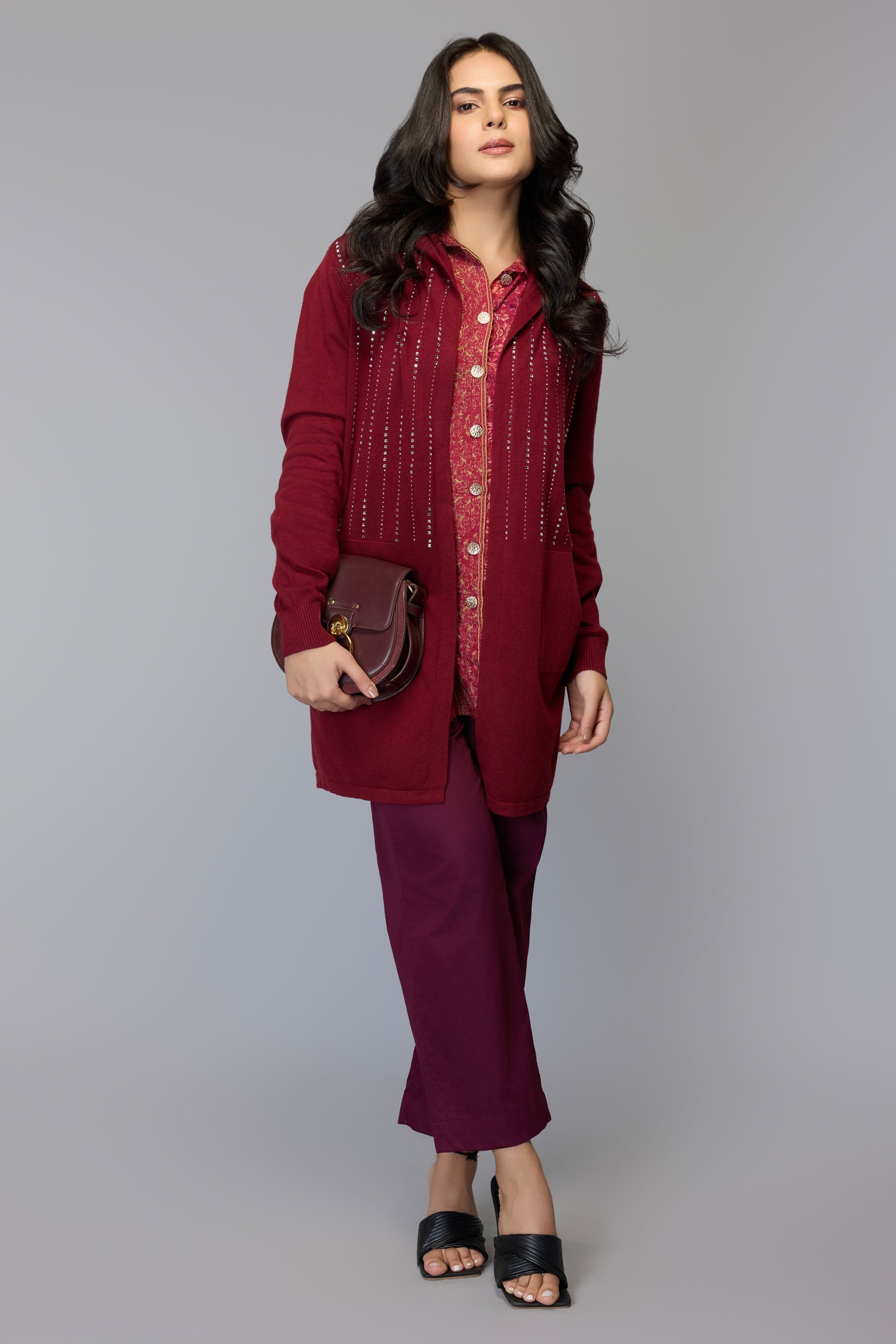 Hooded Embellished Longline Cardigan - Maroon