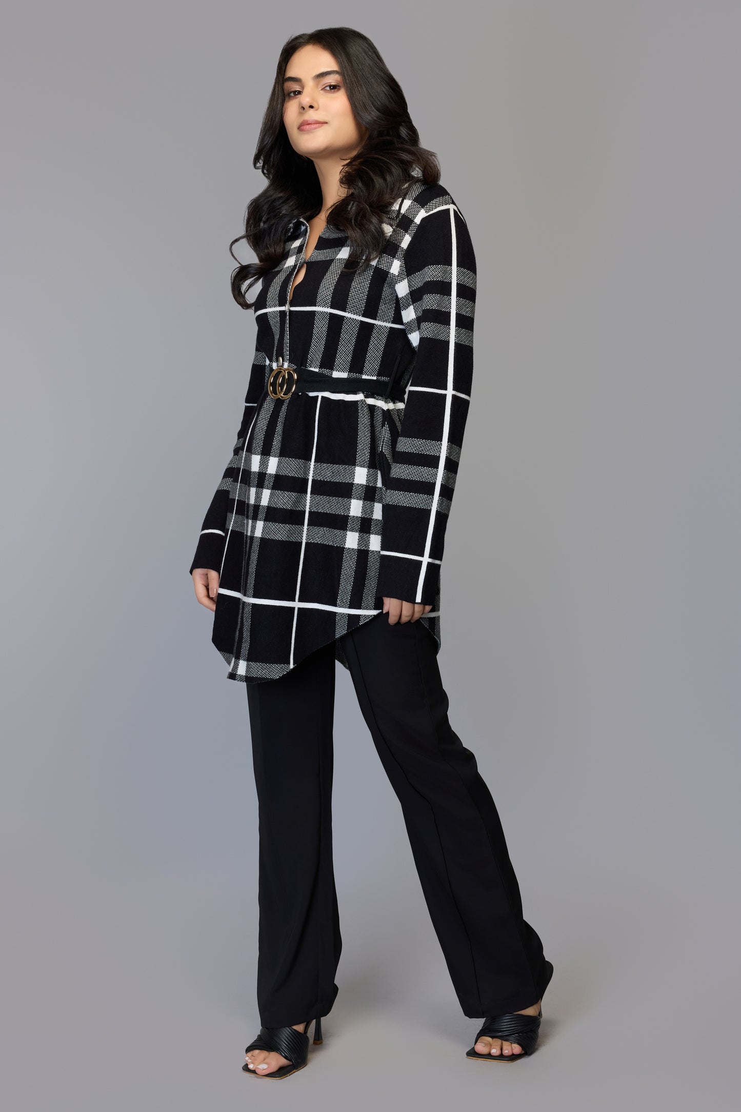 Black and White Tartan Print Sweater With Belt