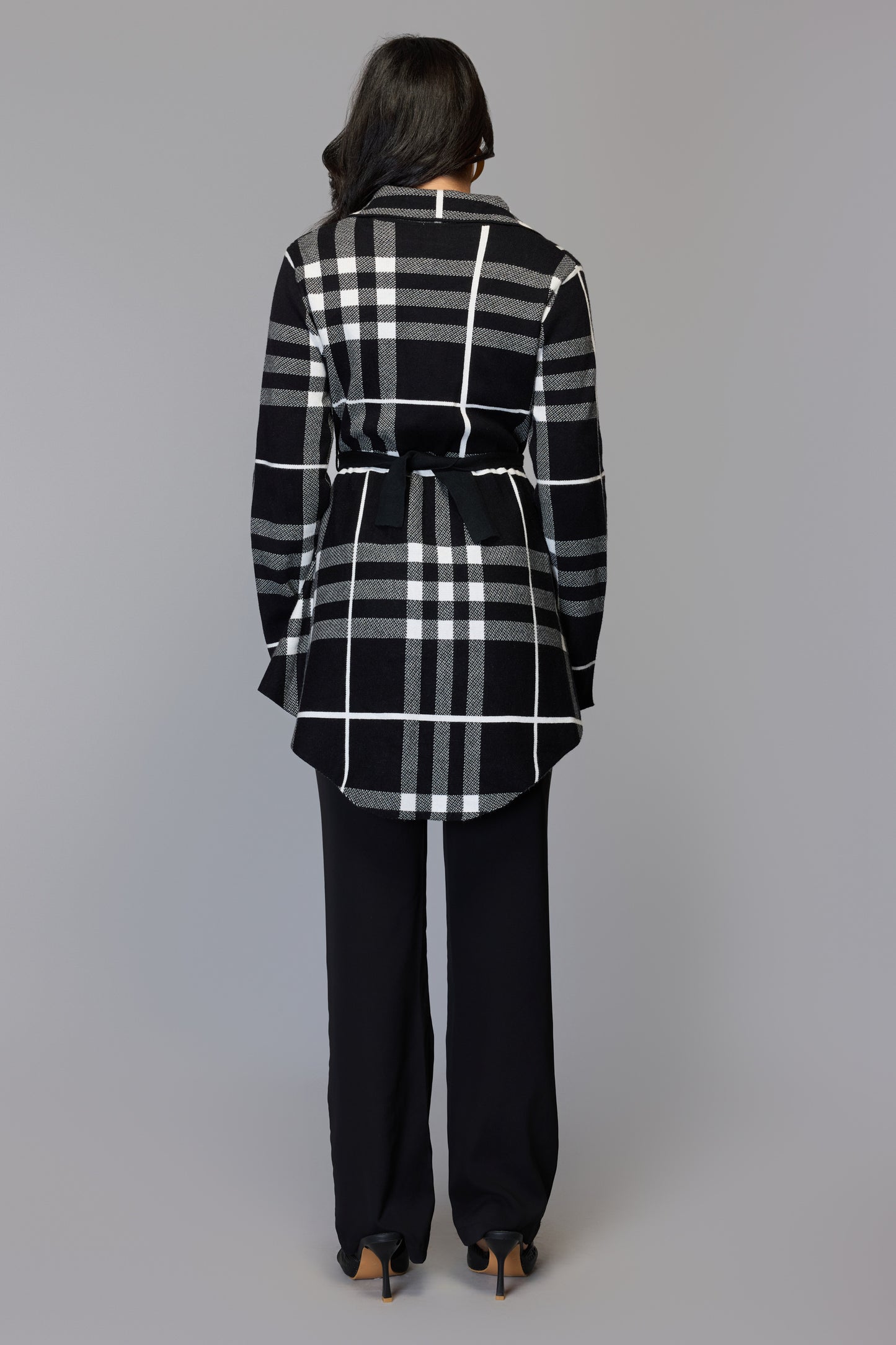 Black and White Tartan Print Sweater With Belt