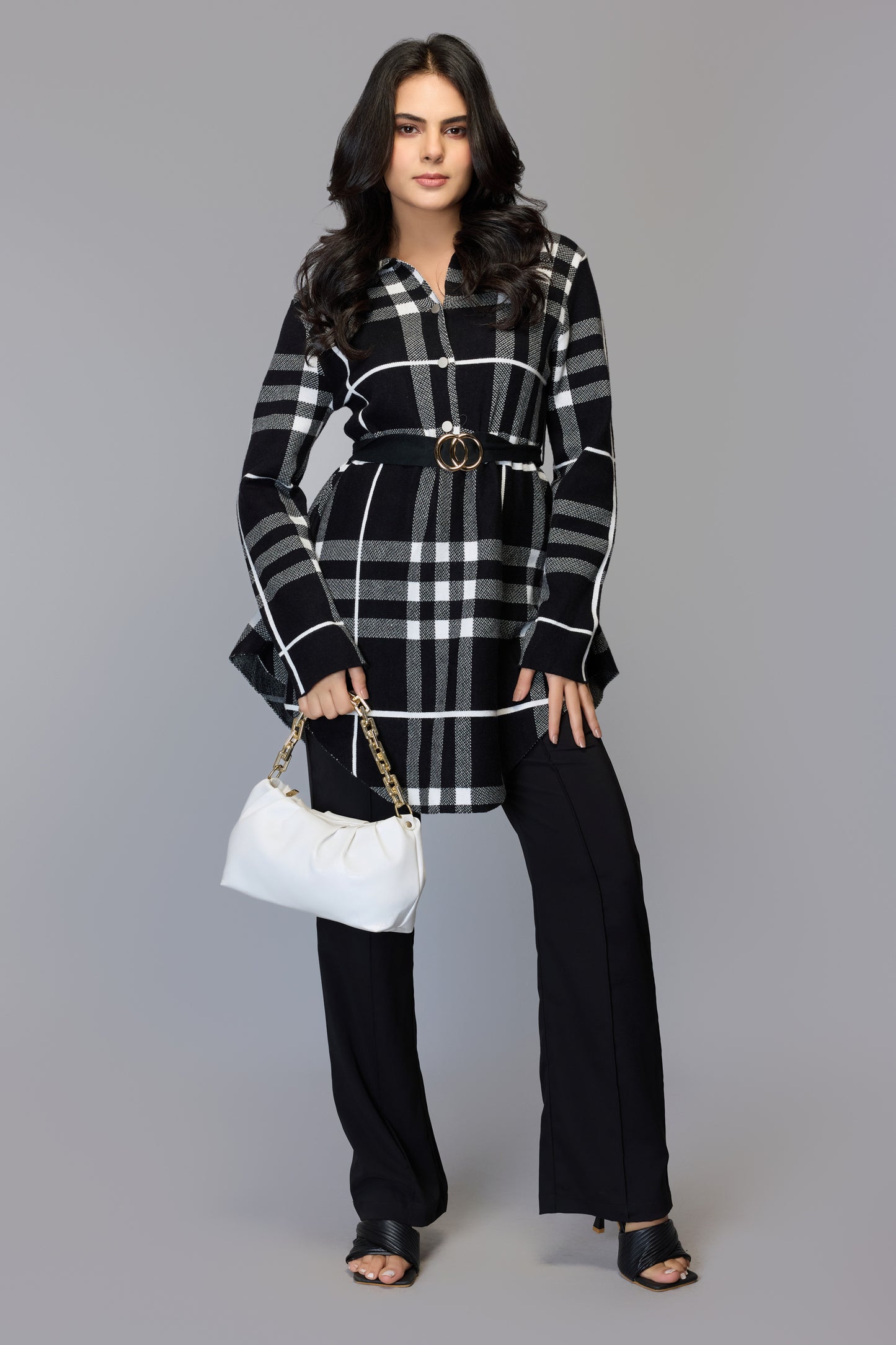 Black and White Tartan Print Sweater With Belt