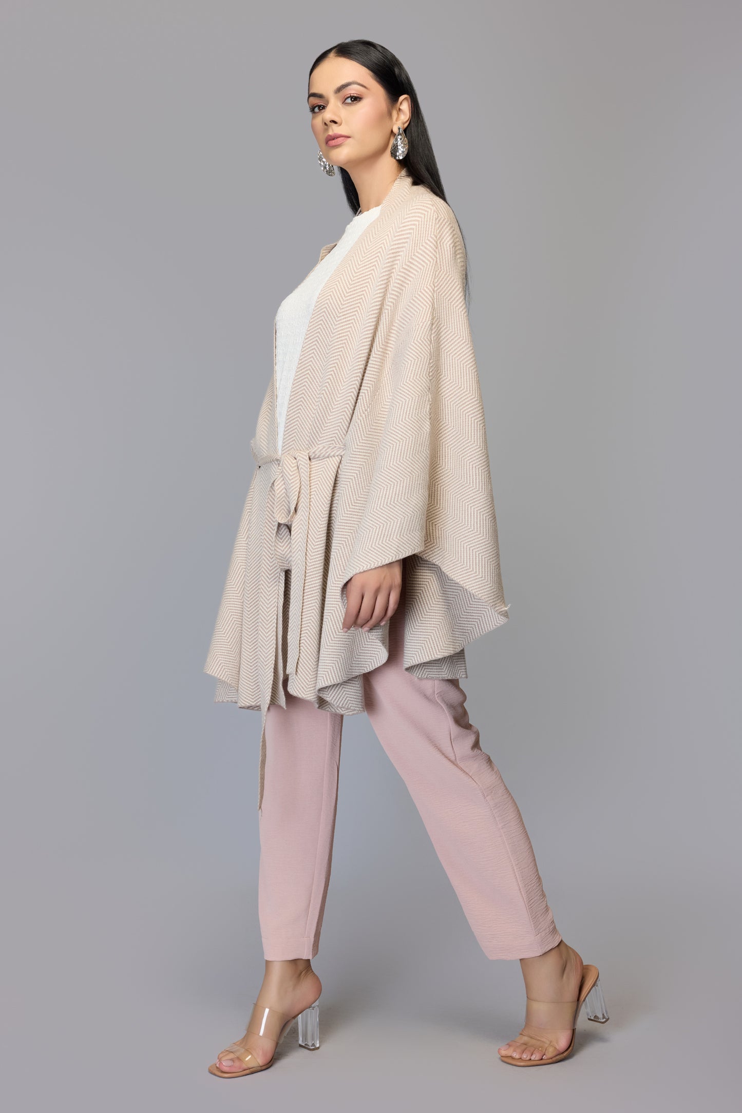 Belted Cape Sweater with Flared Hem - Beige