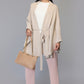 Belted Cape Sweater with Flared Hem - Beige