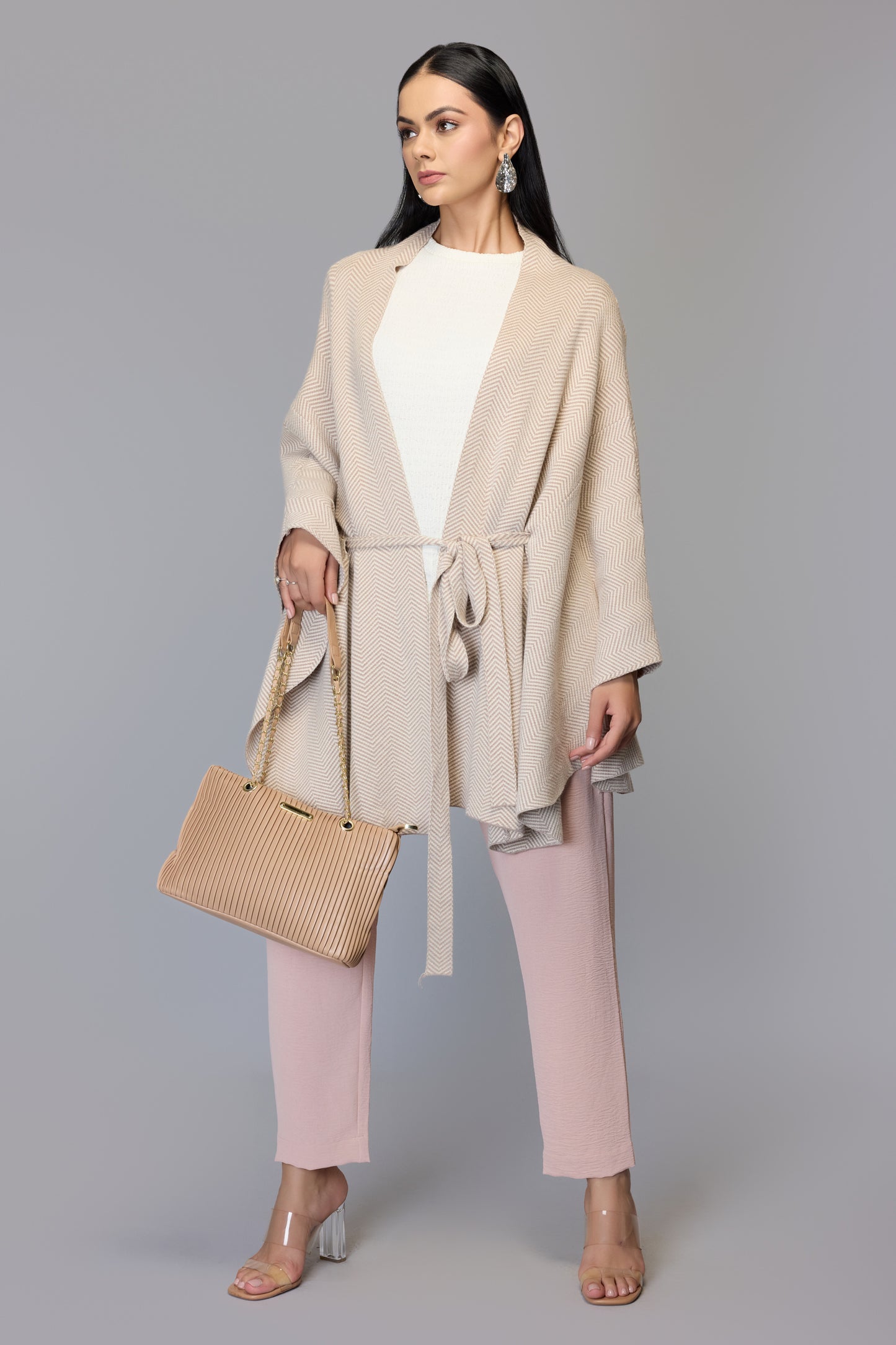 Belted Cape Sweater with Flared Hem - Beige