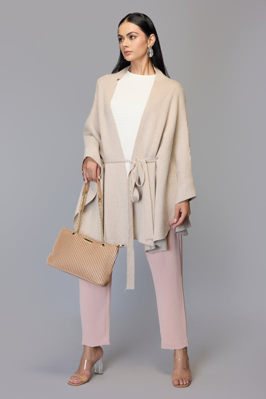 Belted Cape Sweater with Flared Hem - Beige