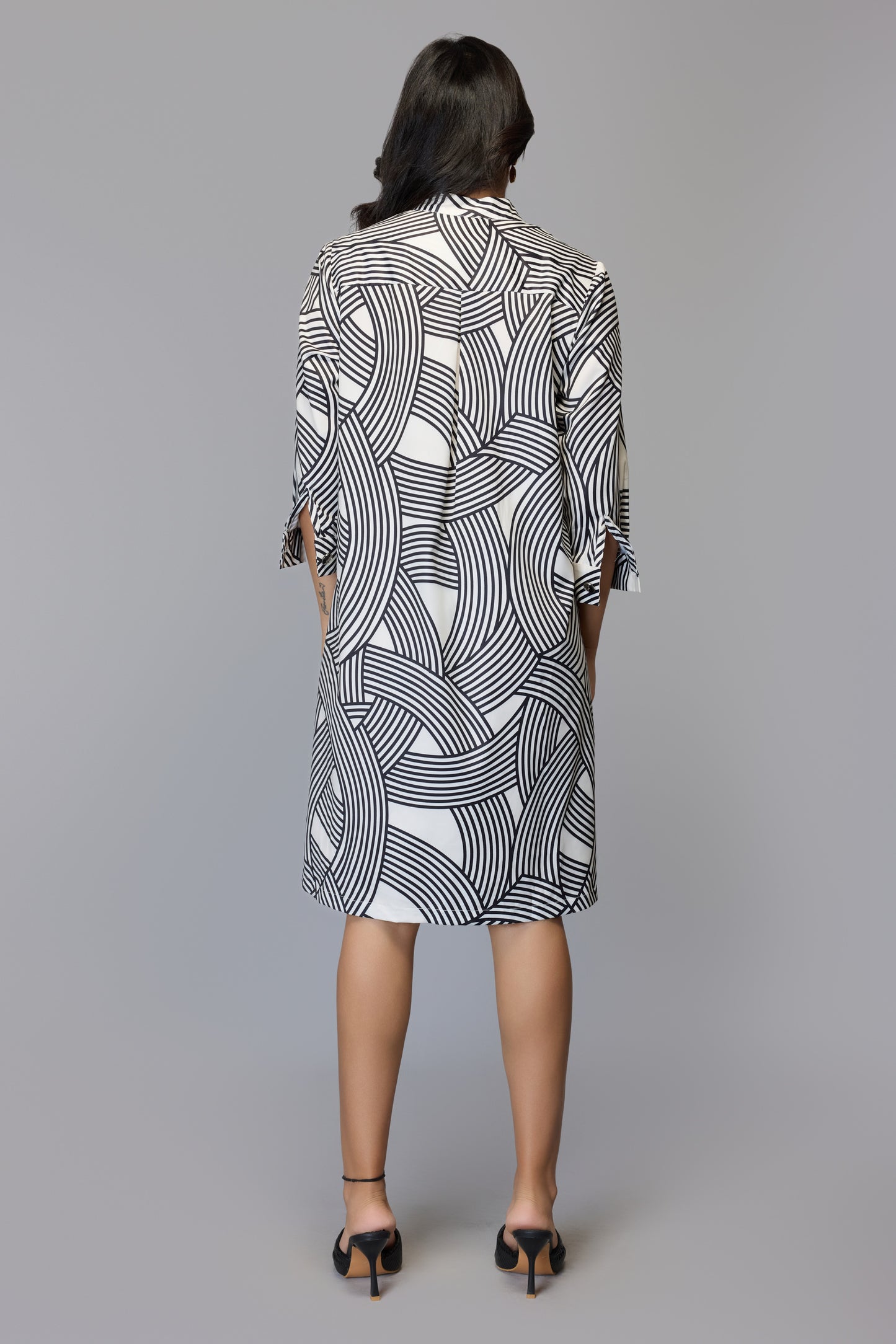 Black & White Printed Shirt Dress with Tie-Up Belt