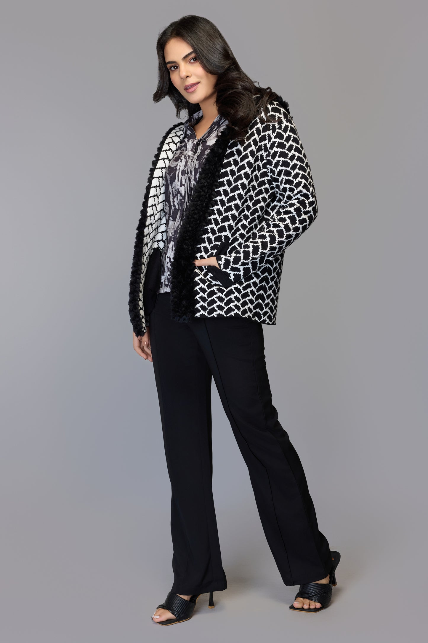 Faux Fur Geometric Knit Sweater