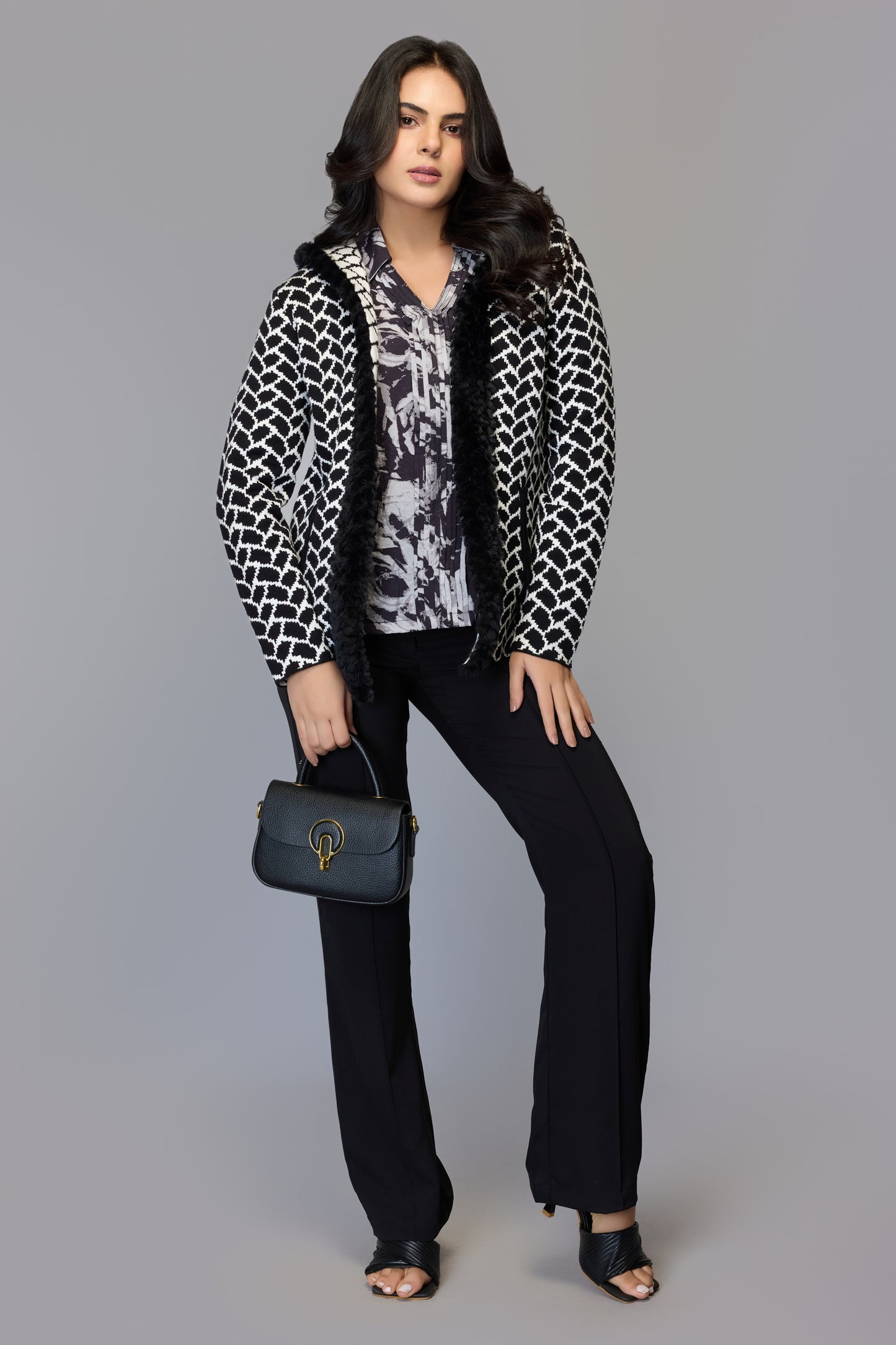 Faux Fur Geometric Knit Sweater