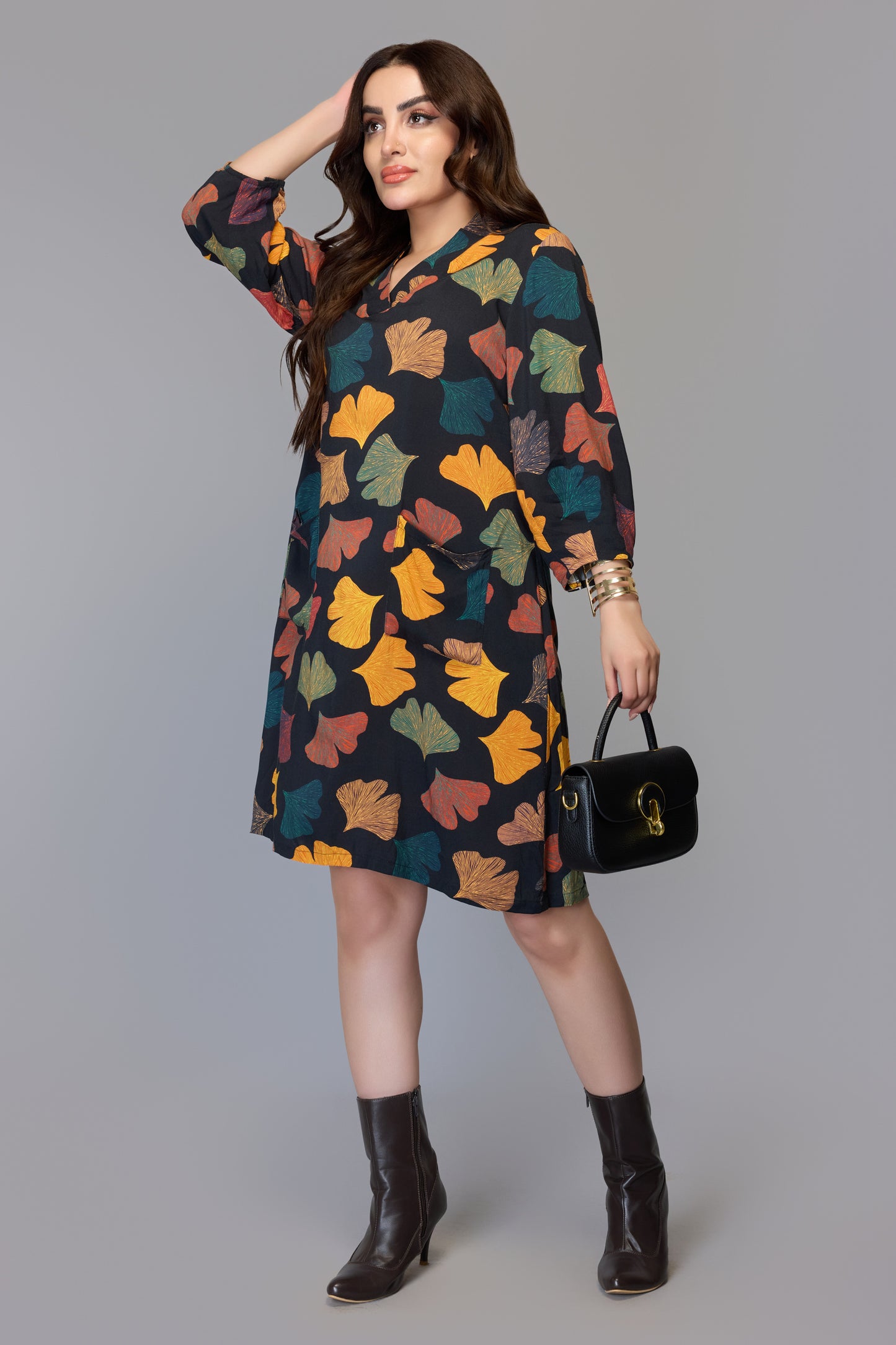 Black Leaf Print Knee-Length Dress