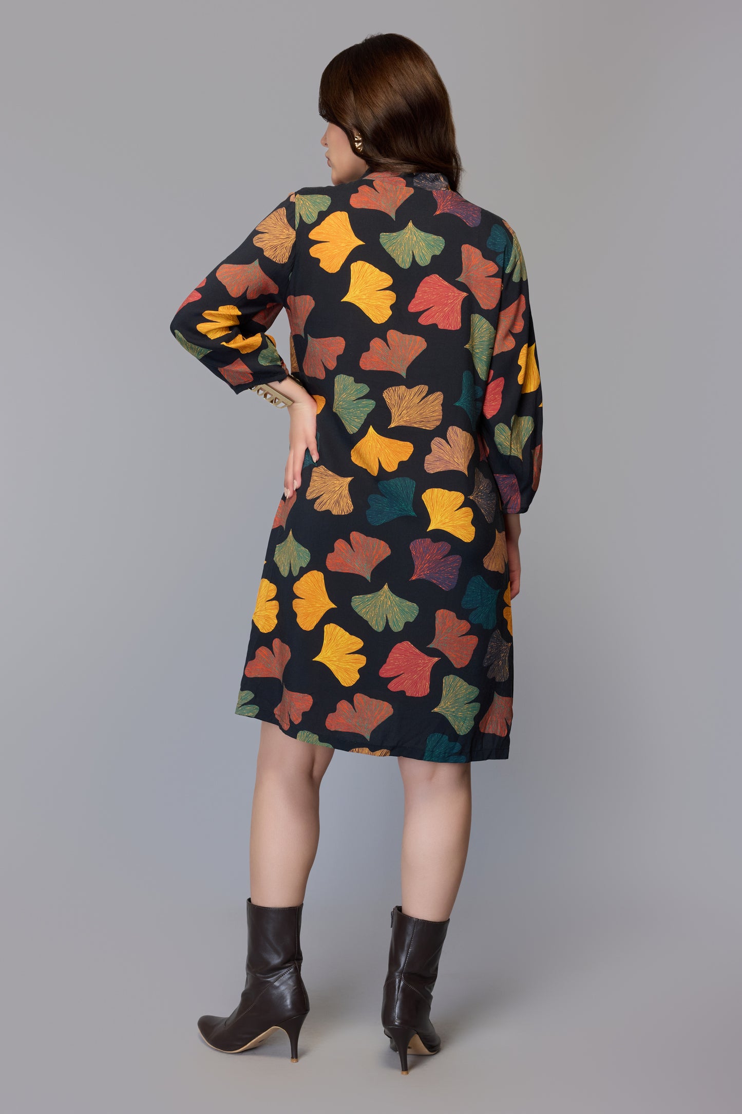 Black Leaf Print Knee-Length Dress