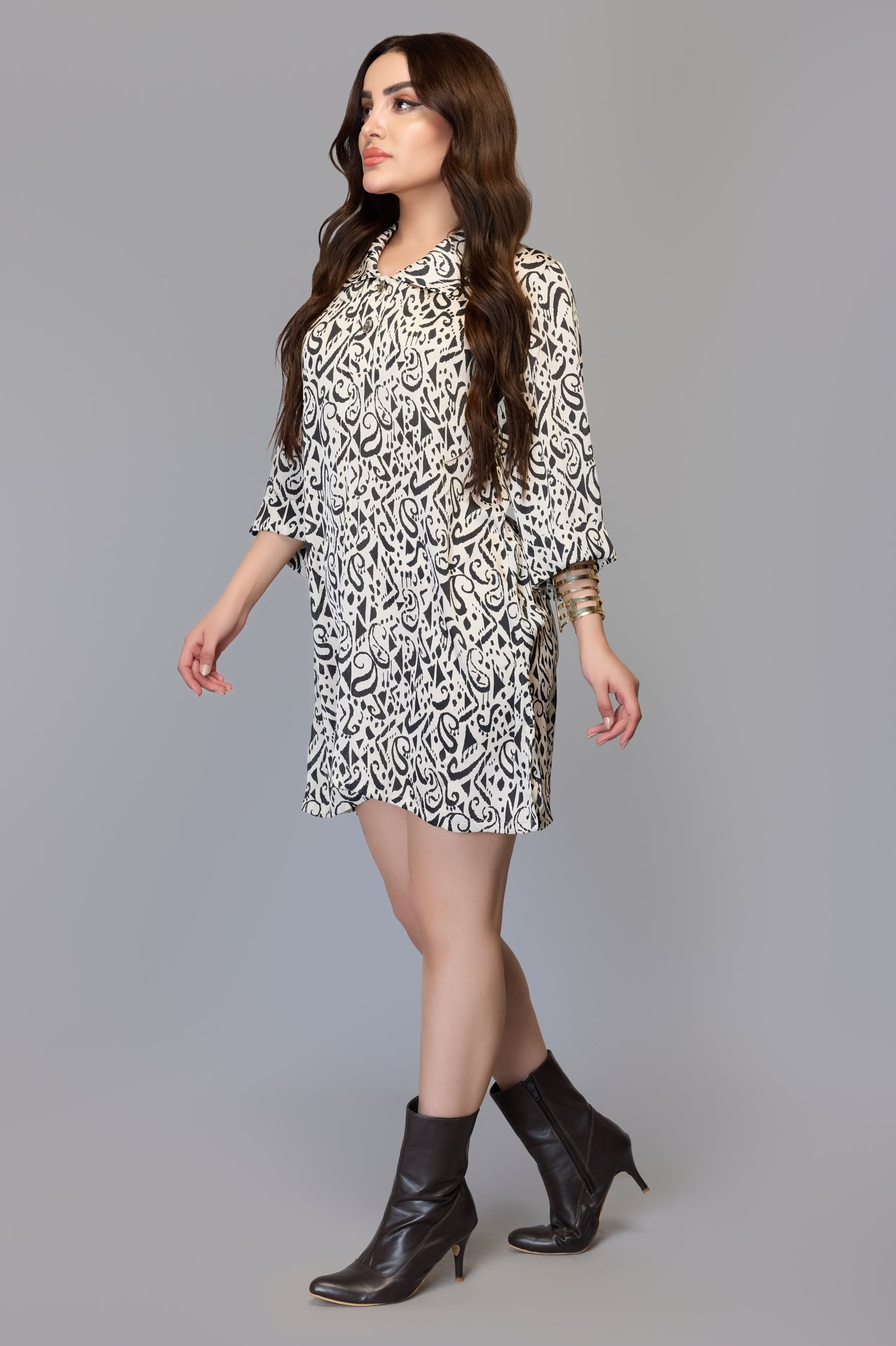 Abstract Print Flared Sleeve Dress