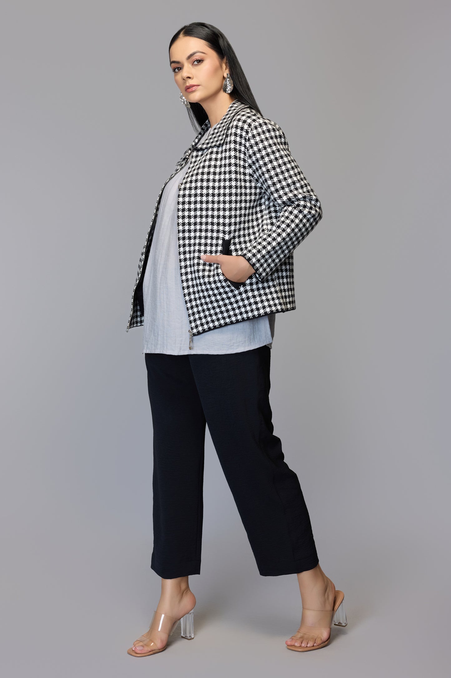 Houndstooth Black & White Zip-Up Sweater