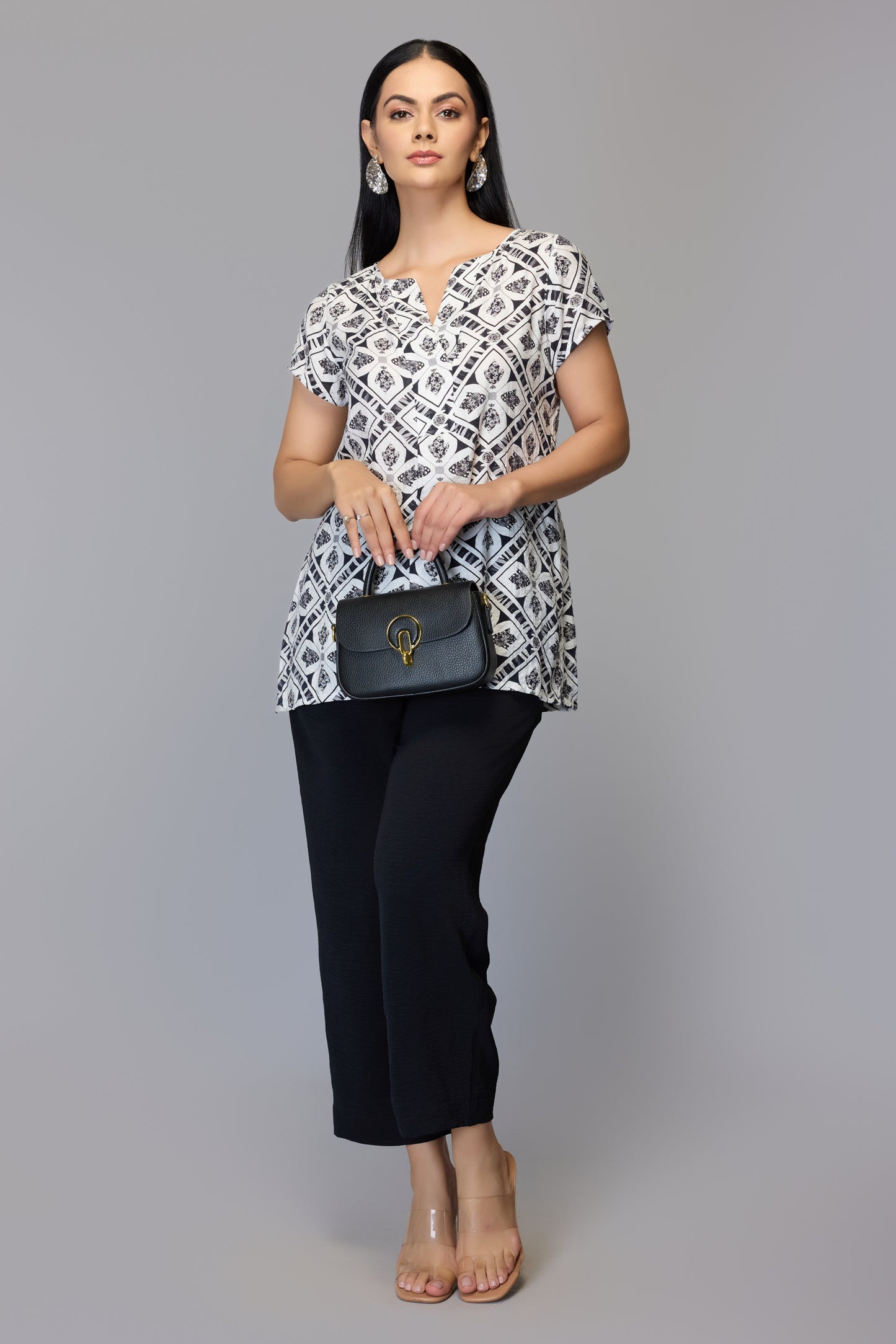 Chic Black and White Patterned Women’s Top