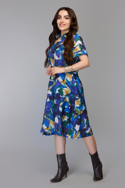 Multicolor Abstract Print Shirt Dress with Belted Waist