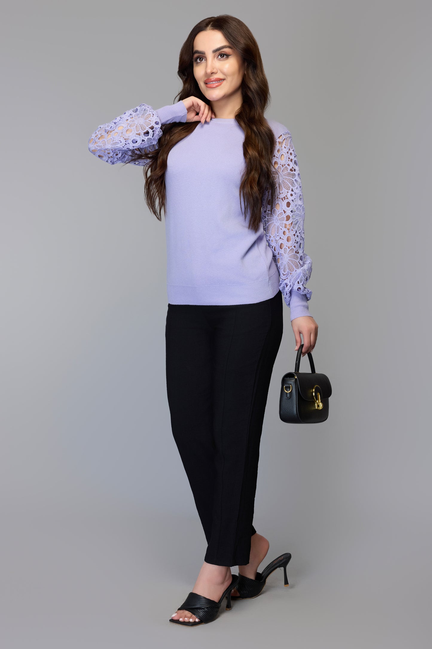 Lace Sleeve Purple Knit Sweater