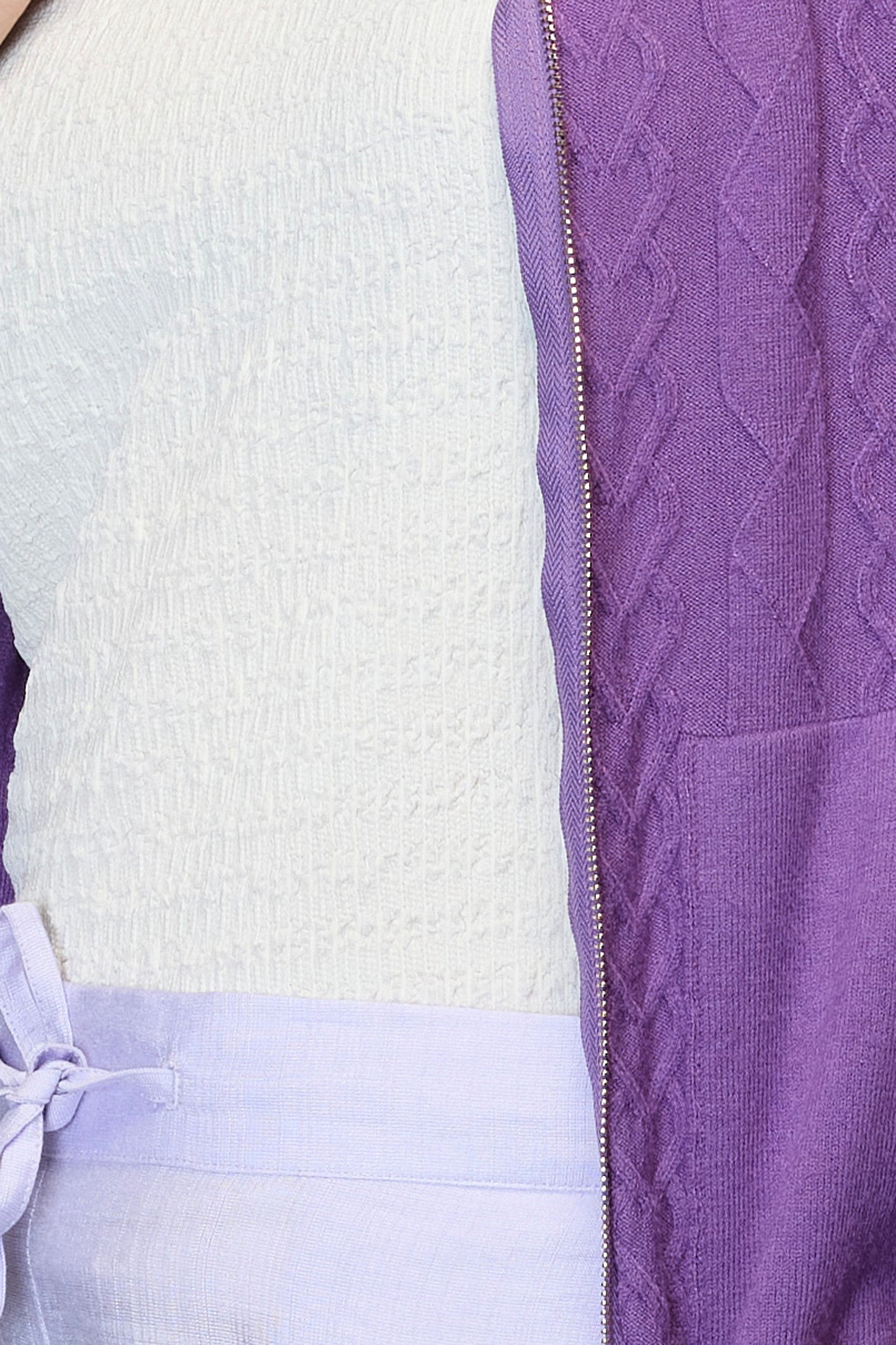 Cable Knit Zip-Up Sweater - Purple