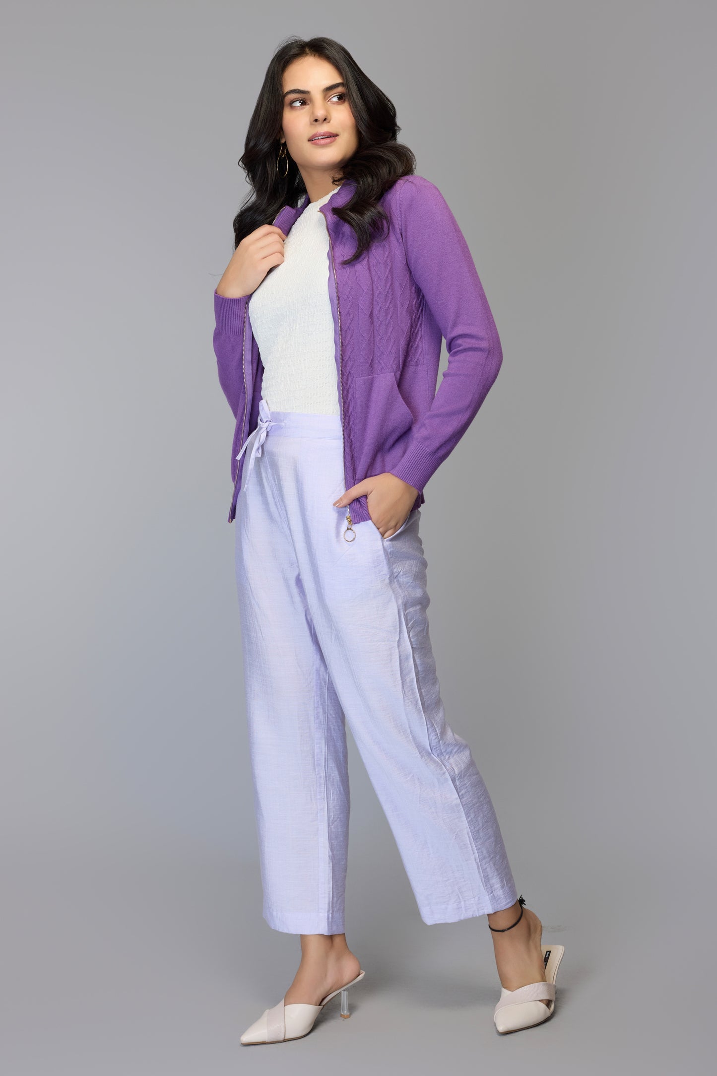 Cable Knit Zip-Up Sweater - Purple