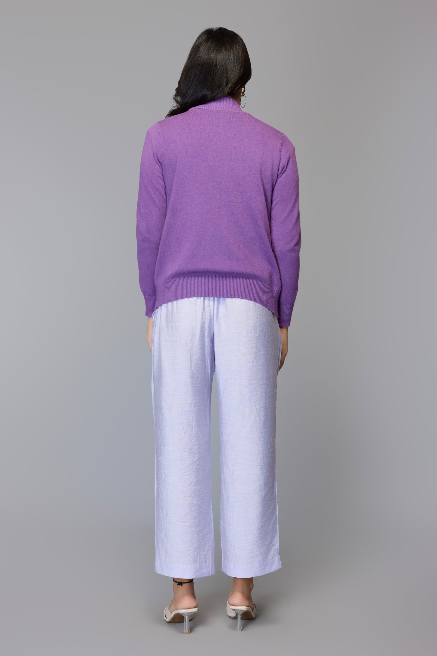 Cable Knit Zip-Up Sweater - Purple