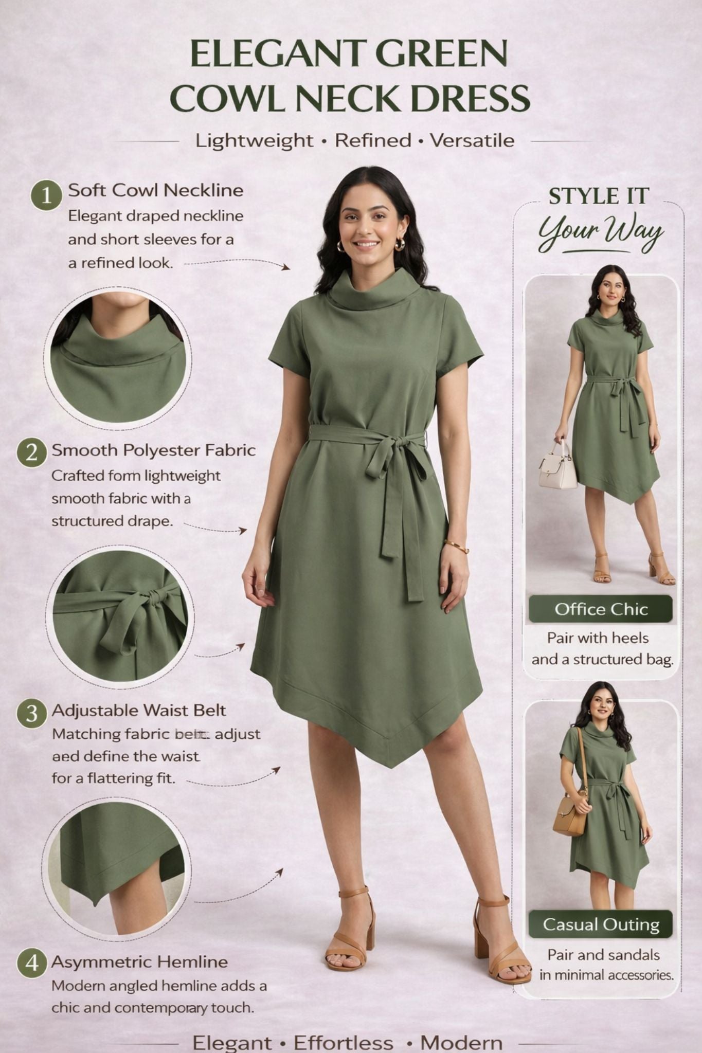 Cowl Neck Asymmetric Hem - Green | Polyester