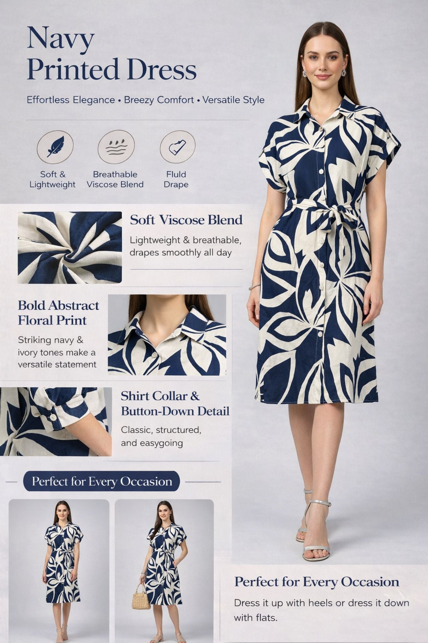 Abstract Floral Shirt Dress - Navy | Viscose Blend