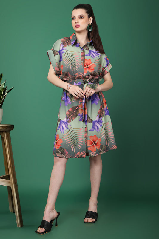 Tropical Green Floral Print Dress with Waist Tie Detail