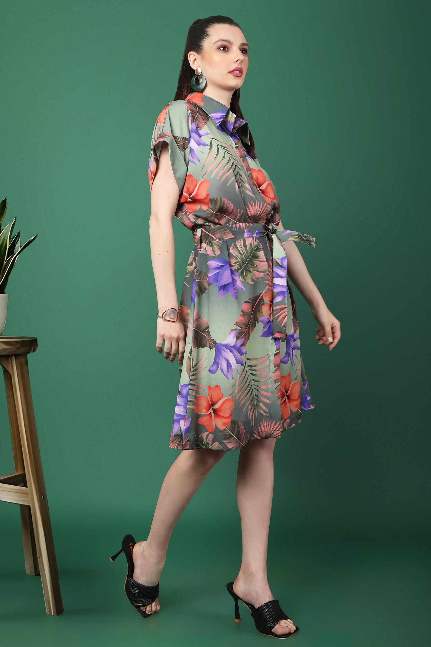 Tropical Green Floral Print Dress with Waist Tie Detail