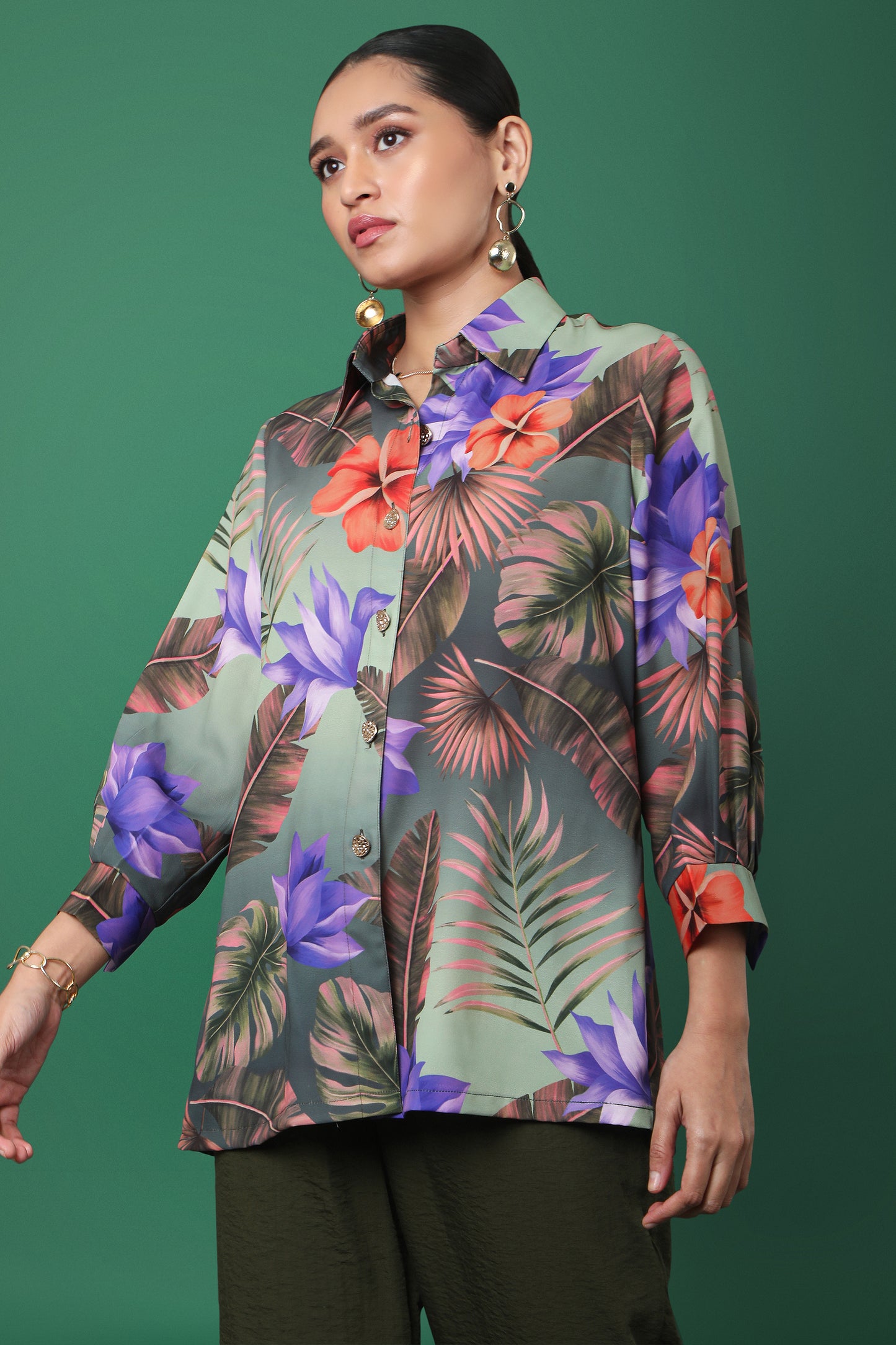 Olive Green Tropical Floral Print Shirt