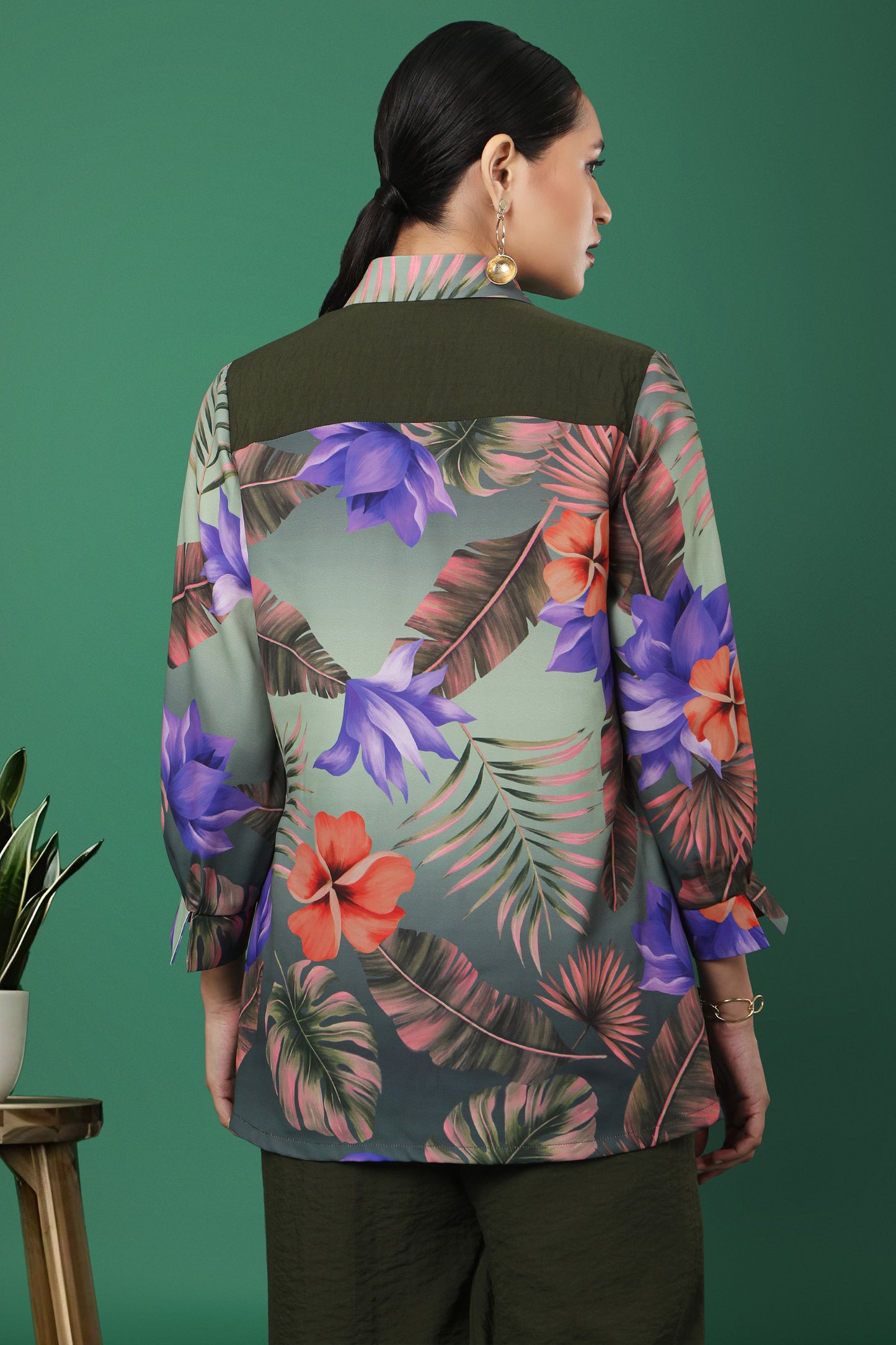 Olive Green Tropical Floral Print Shirt