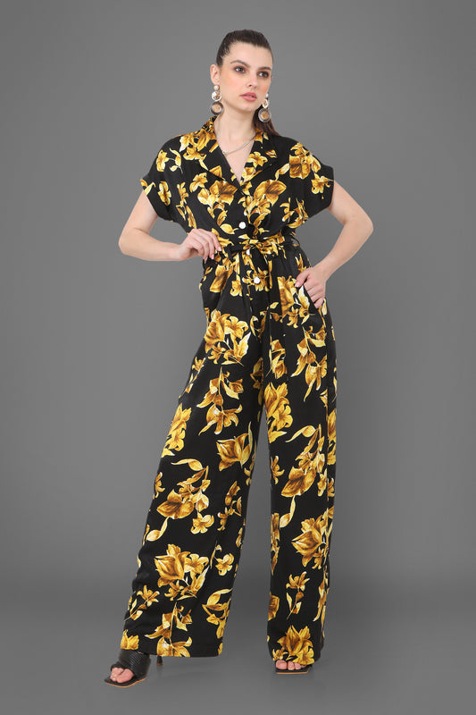 Luna Floral Black And Gold Printed Jumpsuit