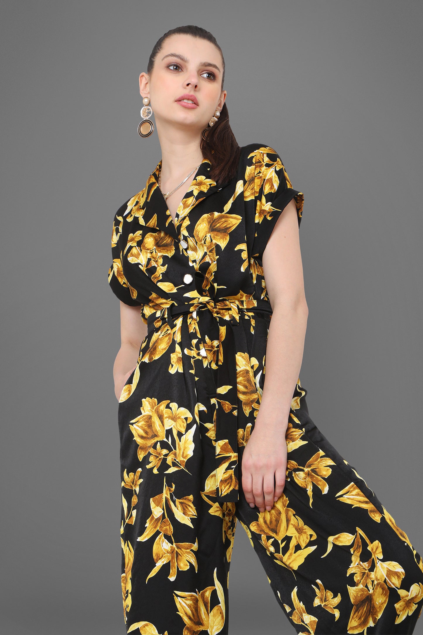 Luna Floral Black And Gold Printed Jumpsuit