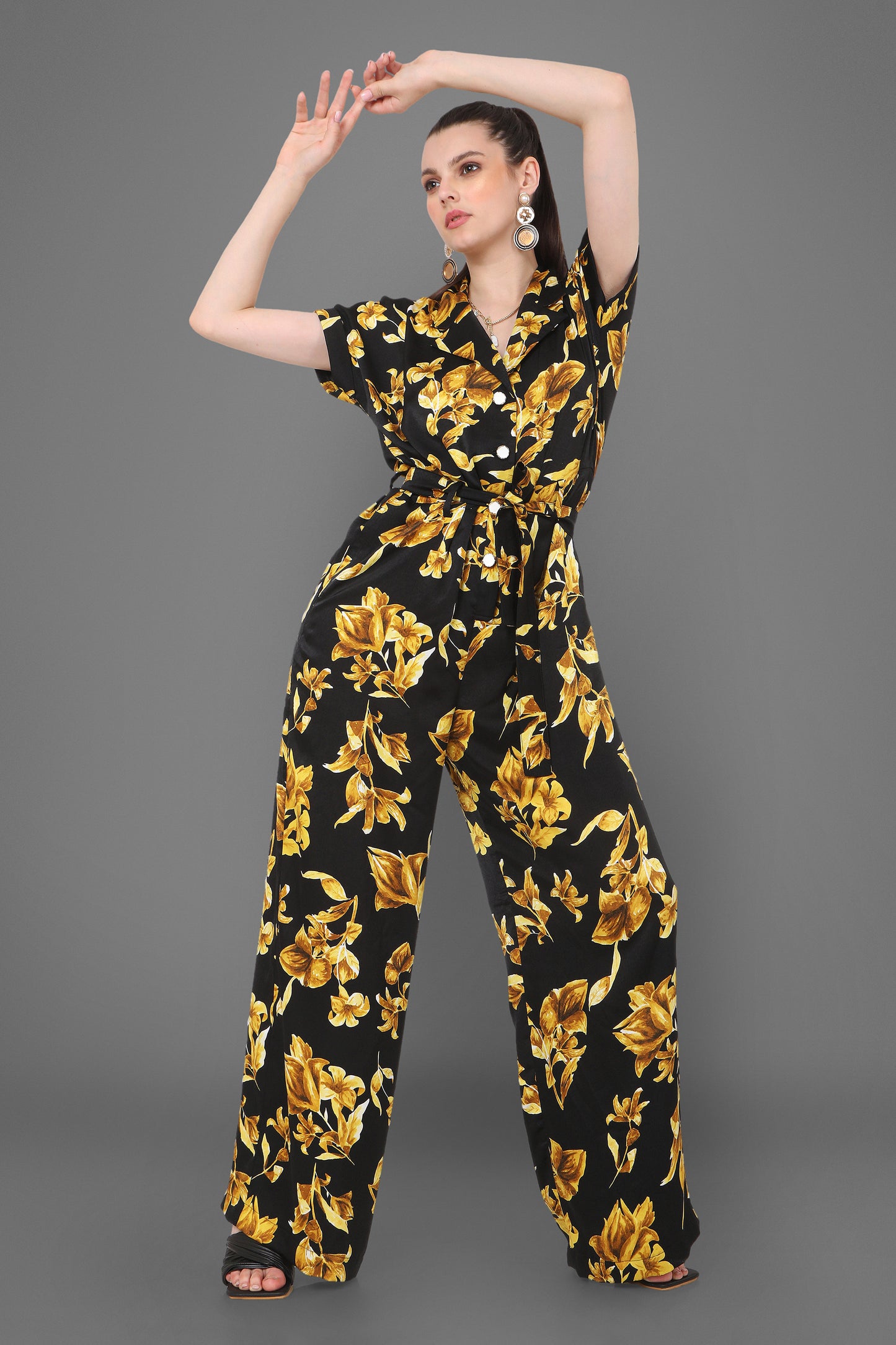 Luna Floral Black And Gold Printed Jumpsuit