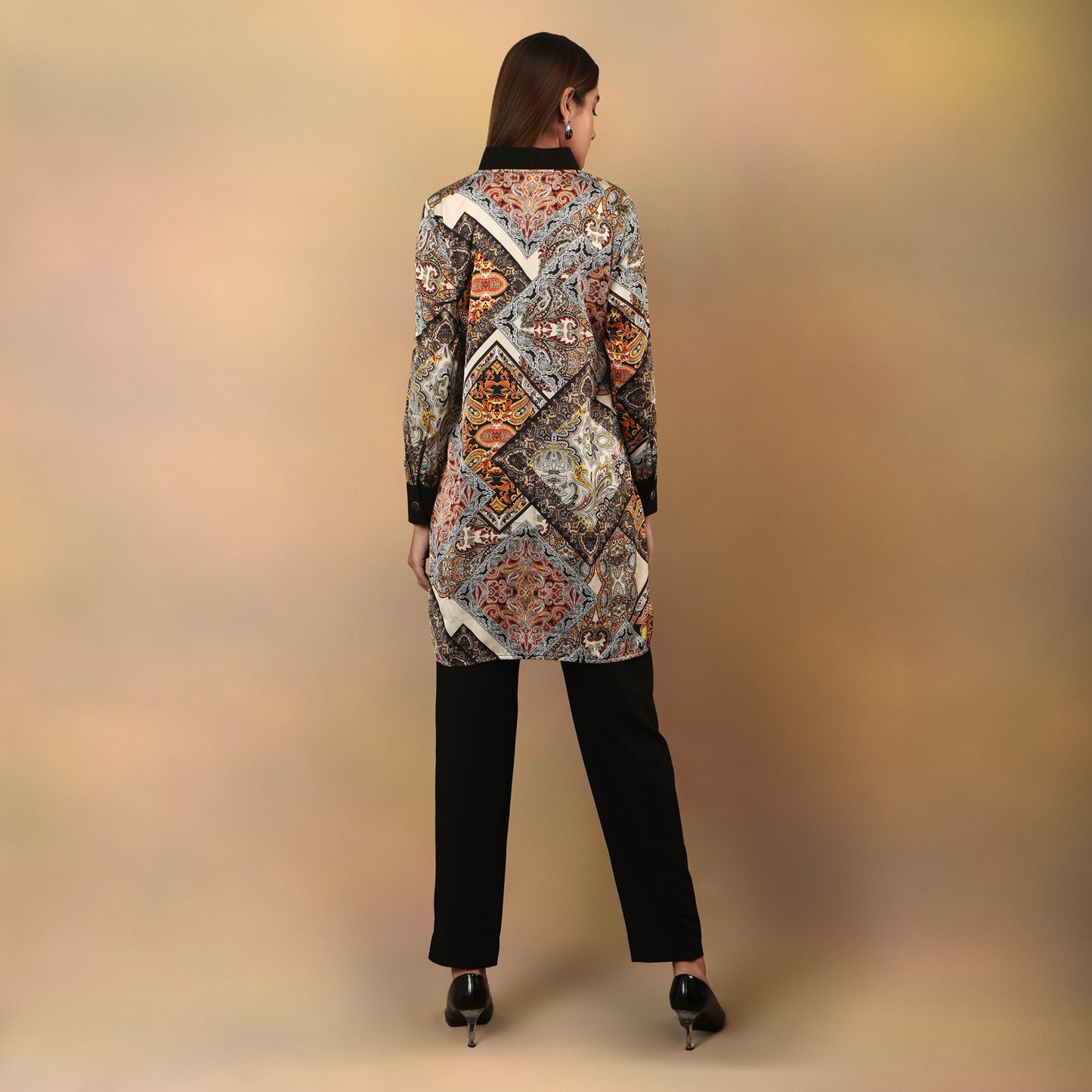 V neck collared scarf print tunic