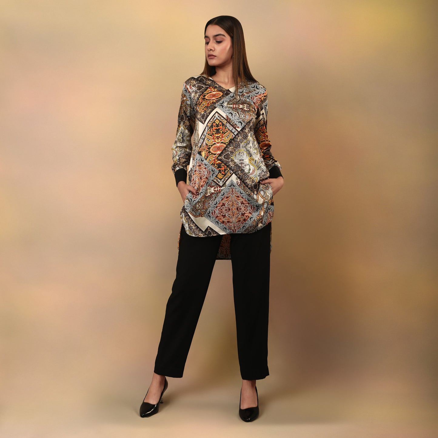 V neck collared scarf print tunic