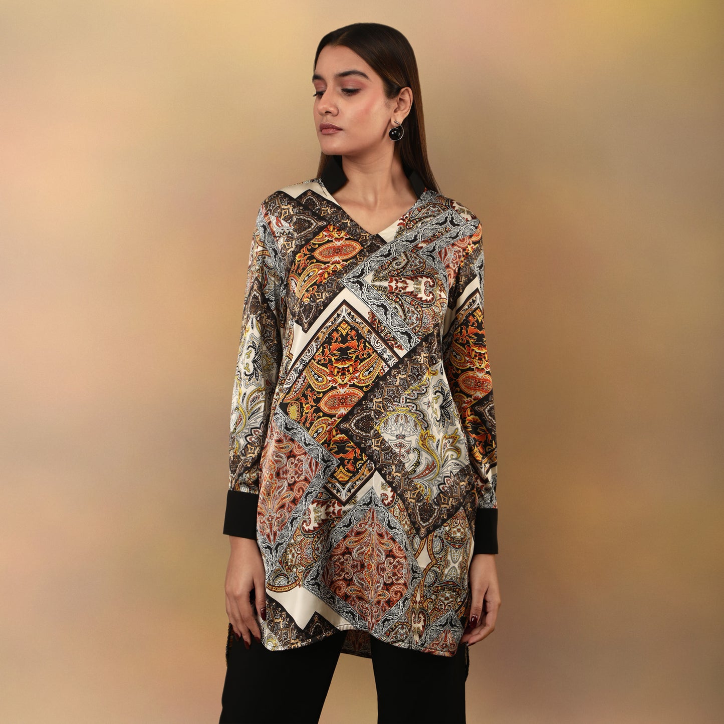 V neck collared scarf print tunic