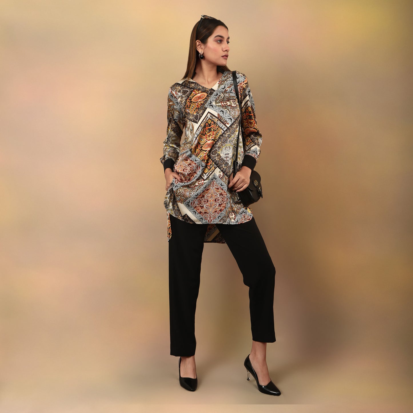 V neck collared scarf print tunic