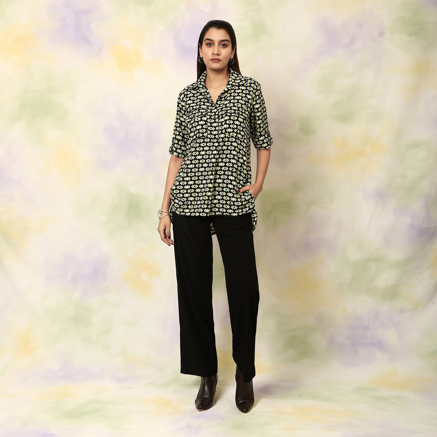 Geometric Printed Shirt Top – Black | Polyester