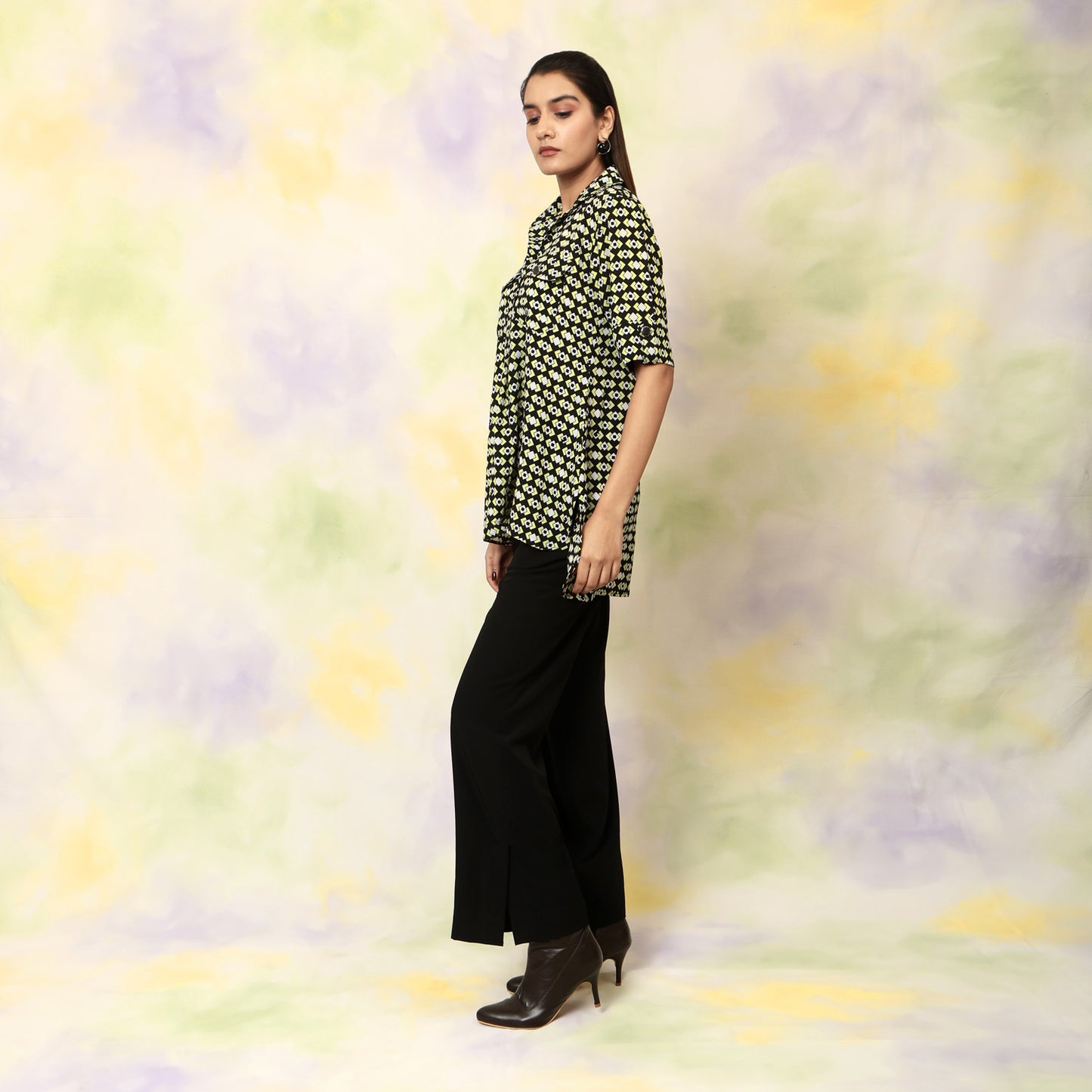 Geometric Printed Shirt Top – Black | Polyester