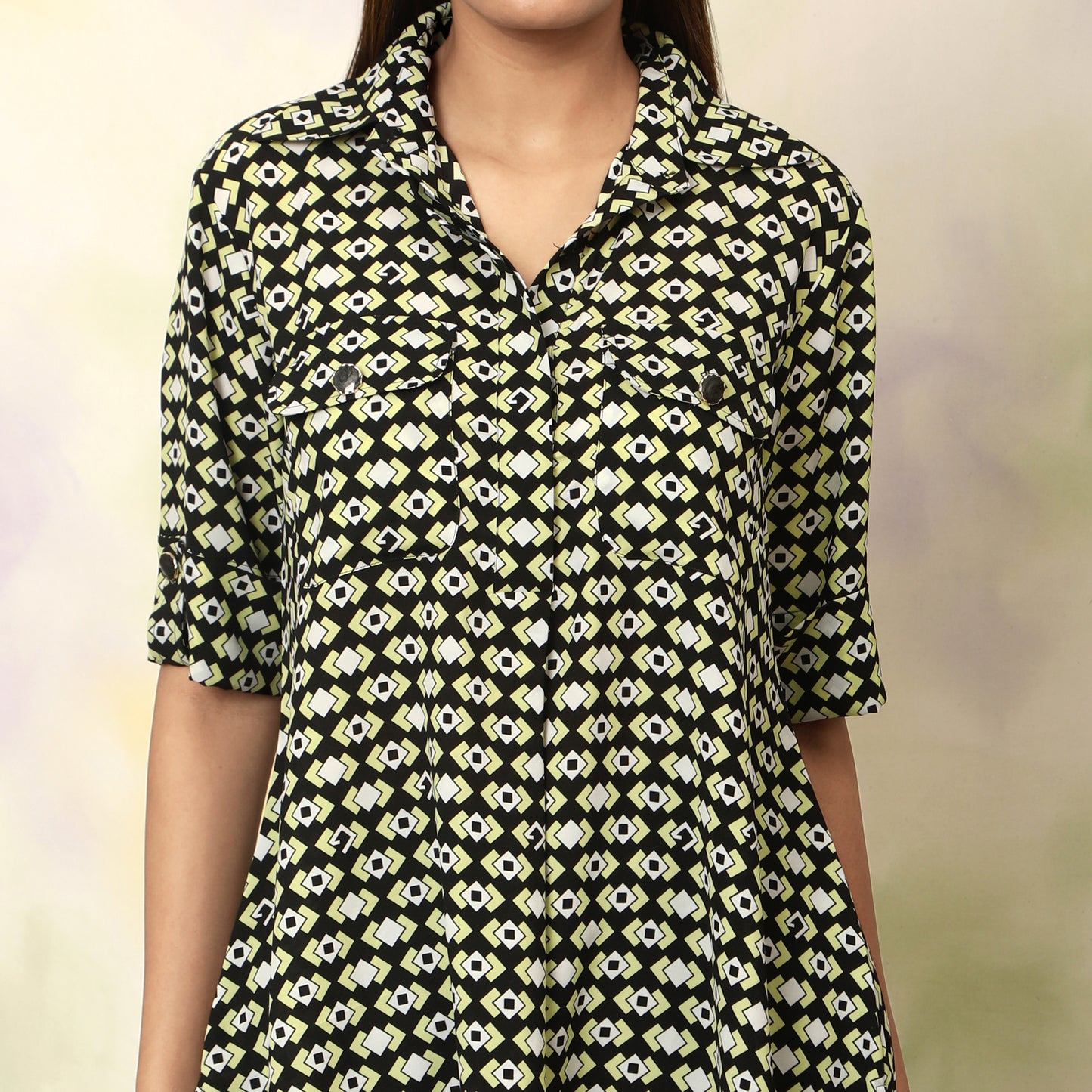 Geometric Printed Shirt Top – Black | Polyester