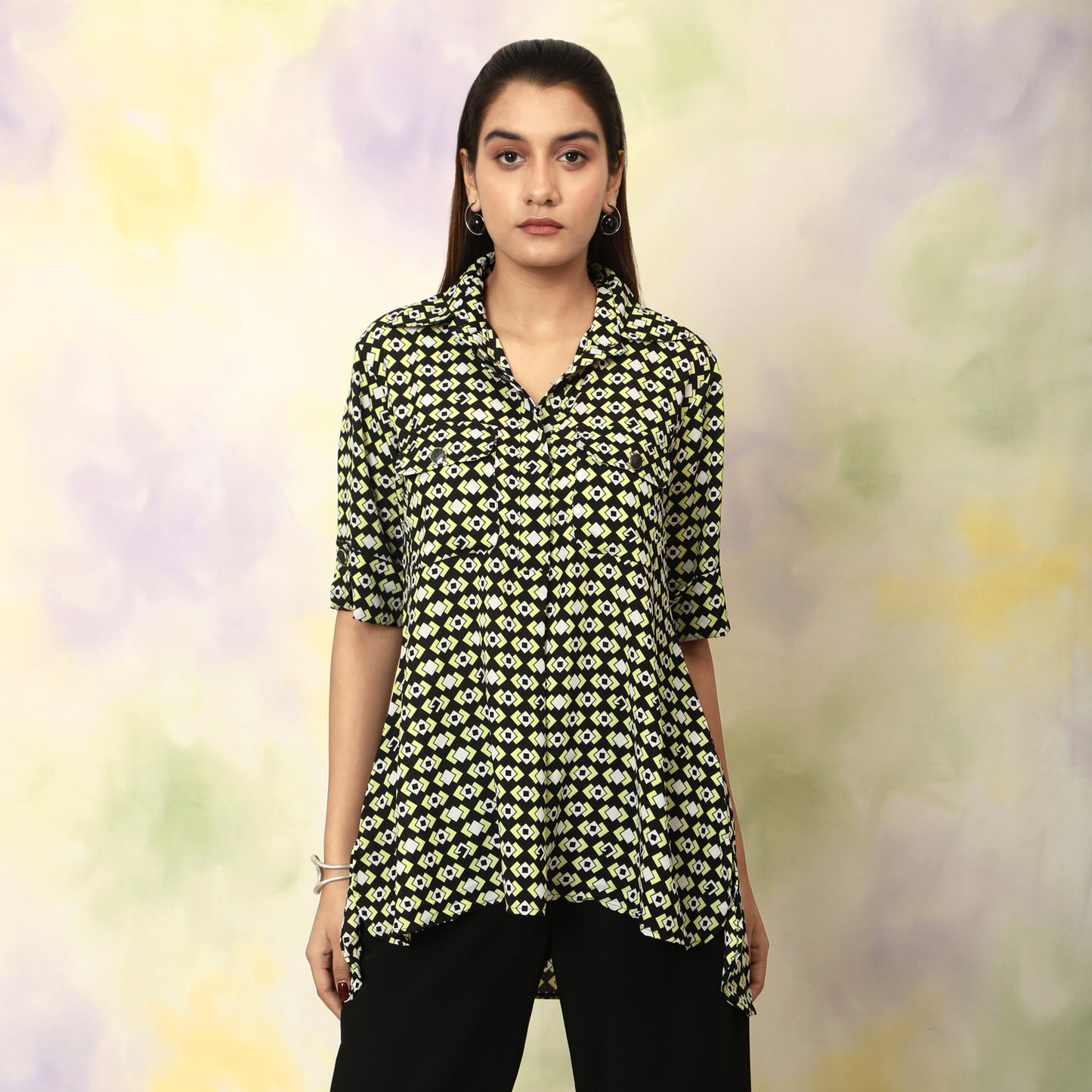 Geometric Printed Shirt Top – Black | Polyester