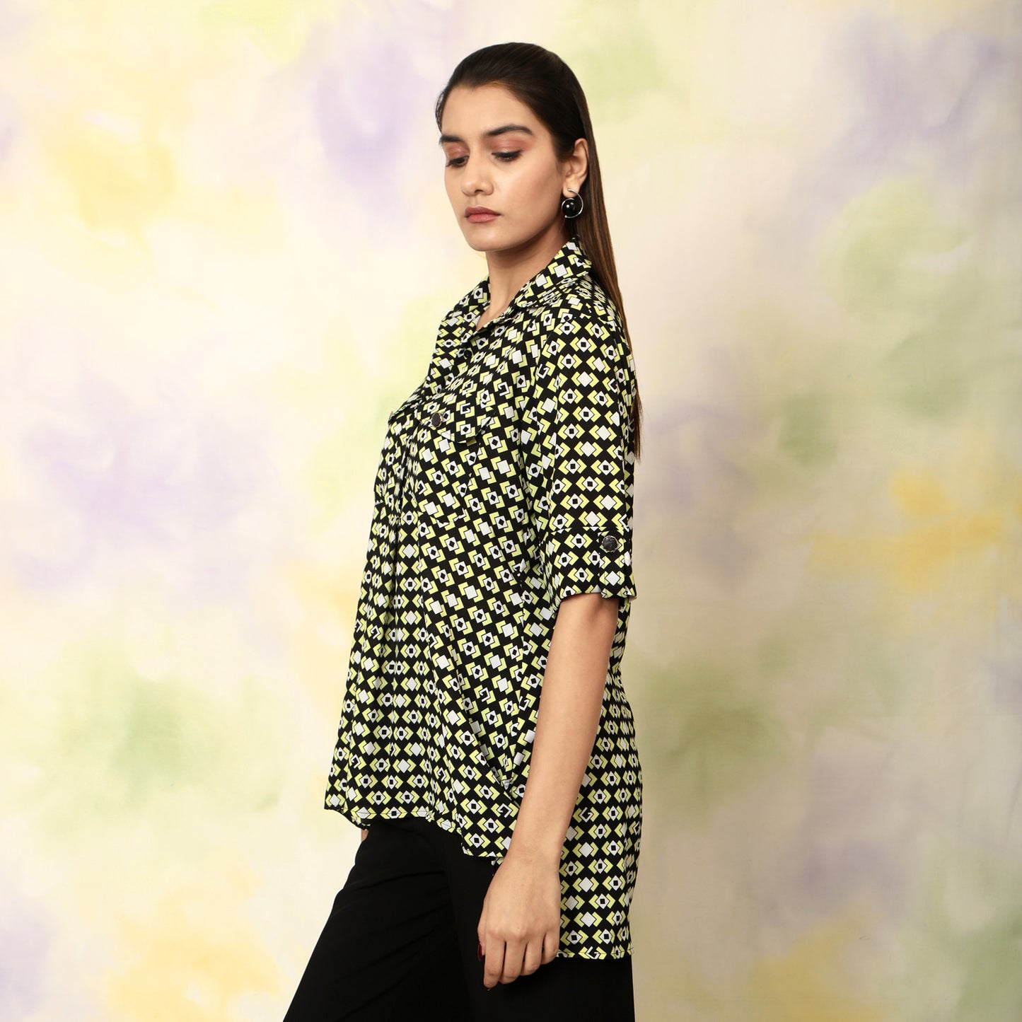 Geometric Printed Shirt Top – Black | Polyester