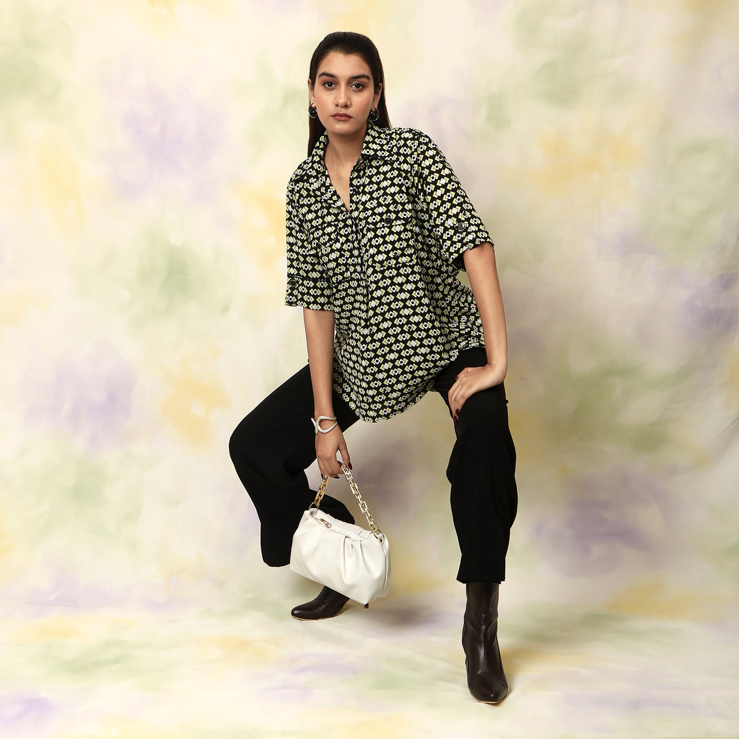 Geometric Printed Shirt Top – Black | Polyester